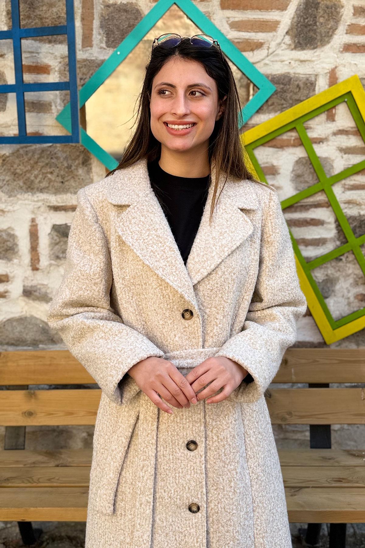 Bağlamalı Kruvaze Buklet Kaban - TAŞ