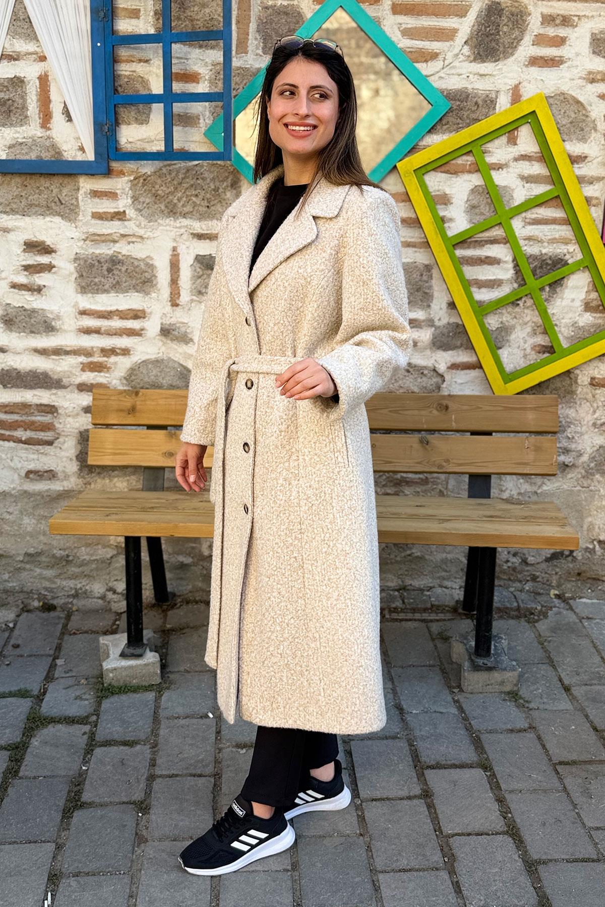 Bağlamalı Kruvaze Buklet Kaban - TAŞ