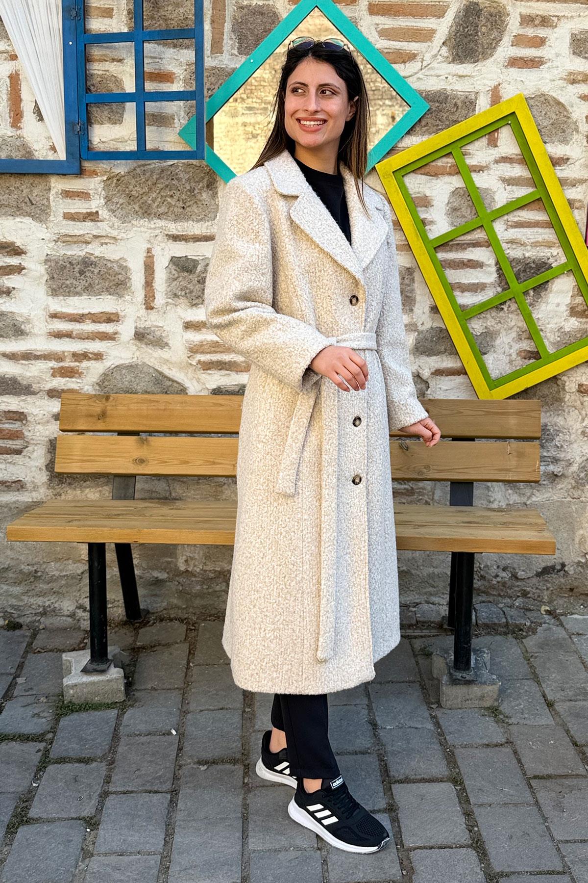 Bağlamalı Kruvaze Buklet Kaban - TAŞ