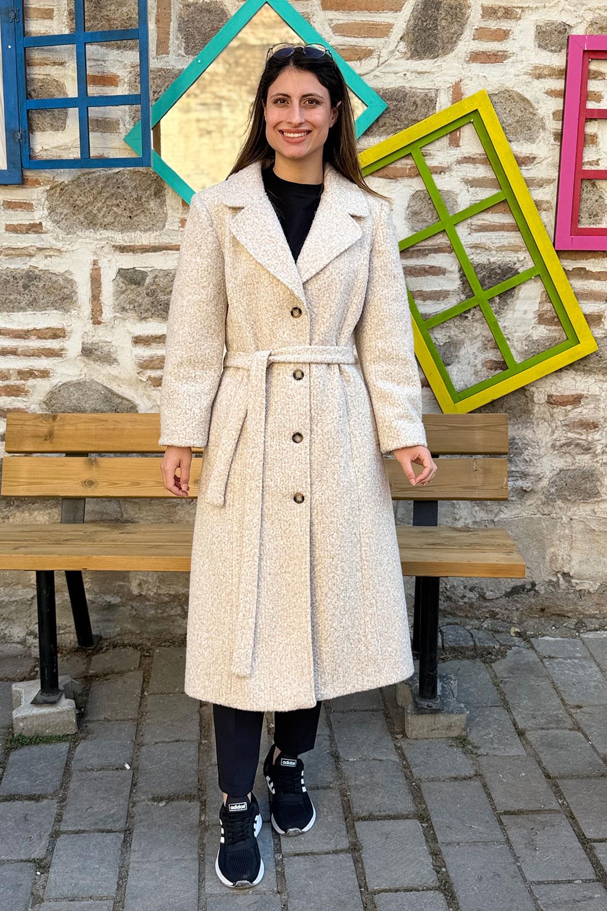 Bağlamalı Kruvaze Buklet Kaban - TAŞ