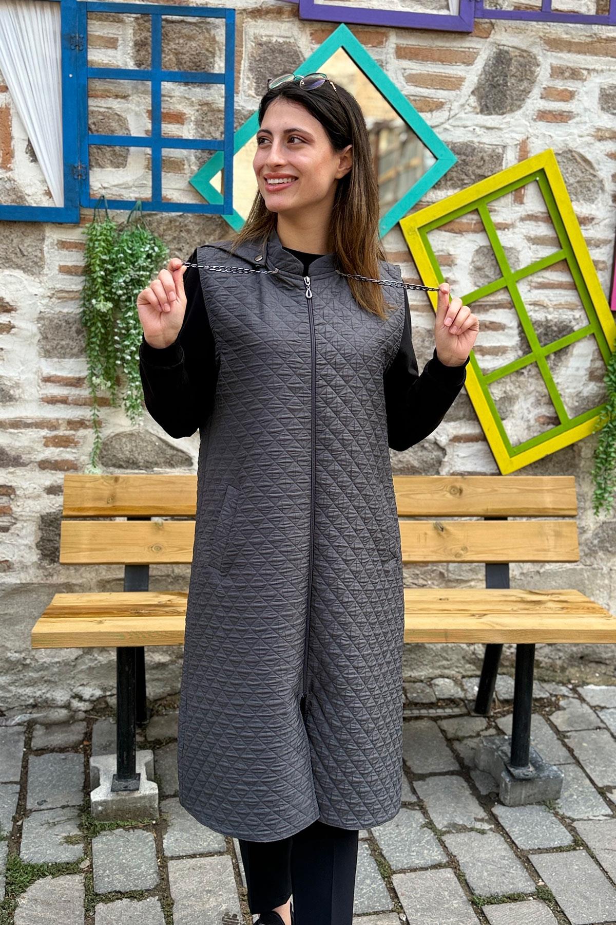 Baklava Desen İnce Kapitone Yelek - GRİ