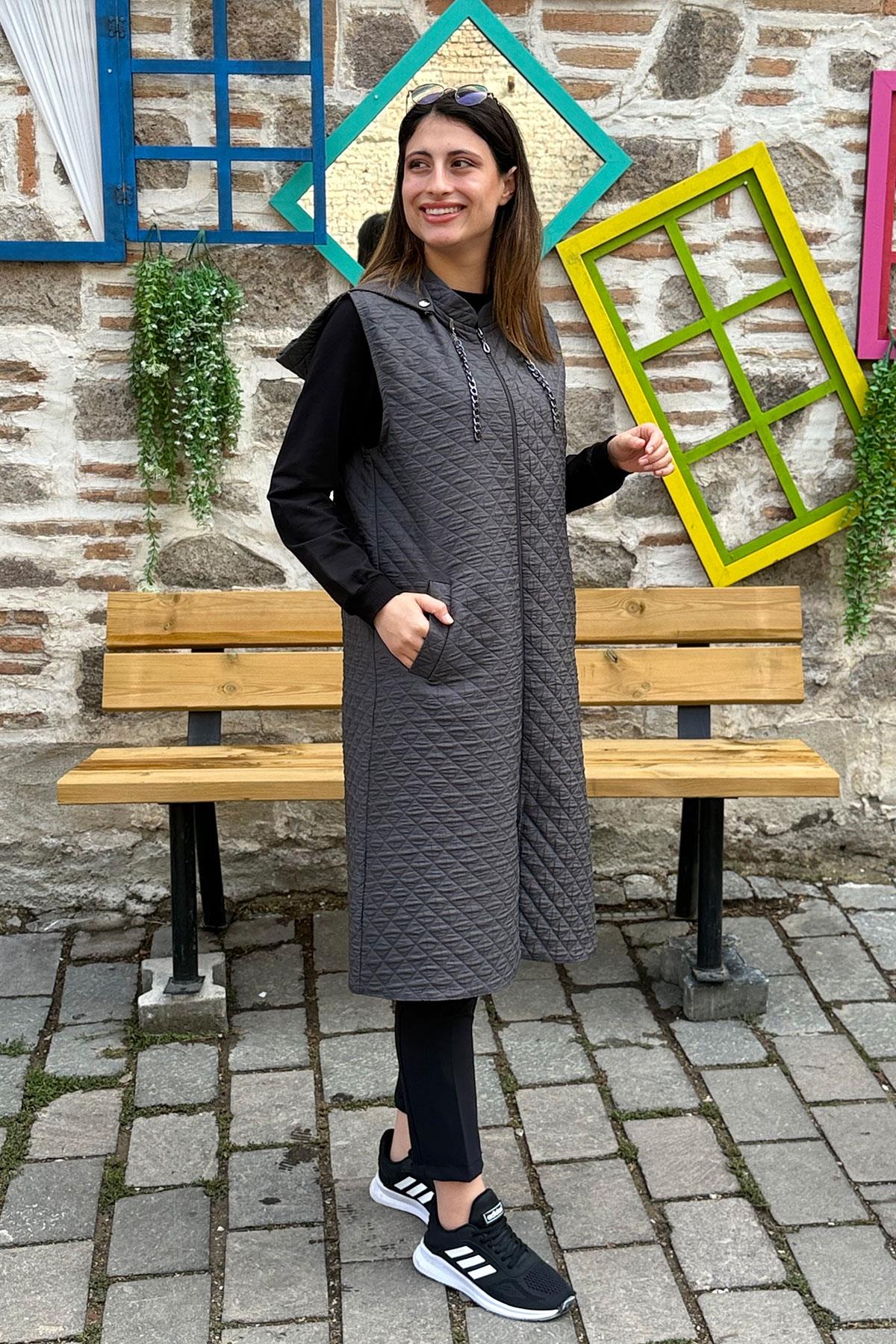 Baklava Desen İnce Kapitone Yelek - GRİ