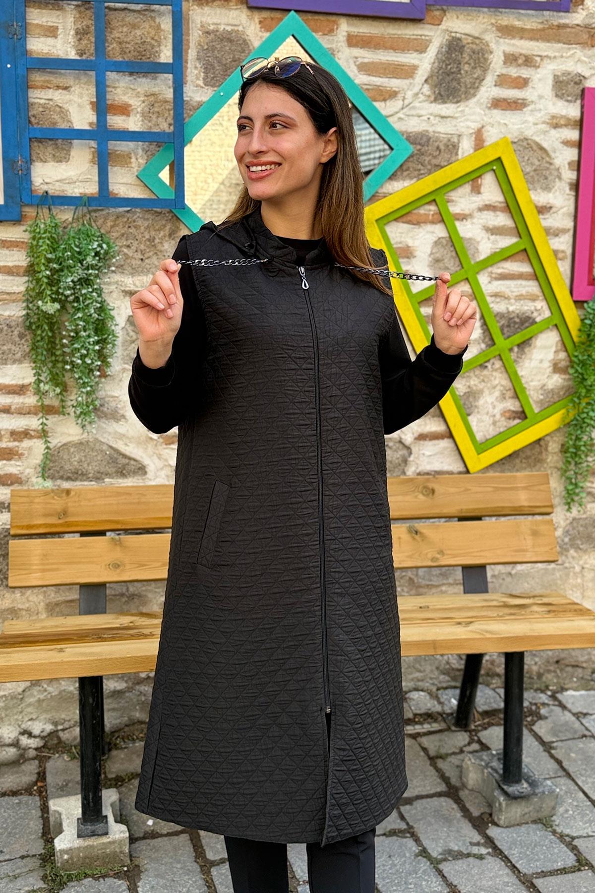 Baklava Desen İnce Kapitone Yelek - SİYAH