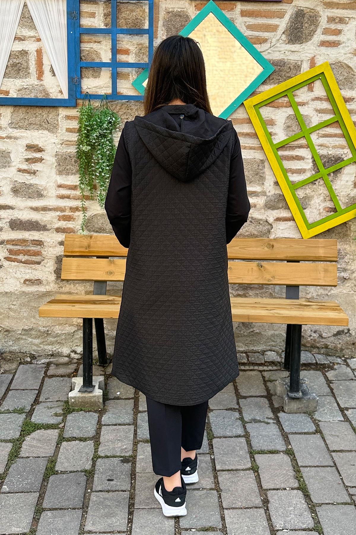 Baklava Desen İnce Kapitone Yelek - SİYAH