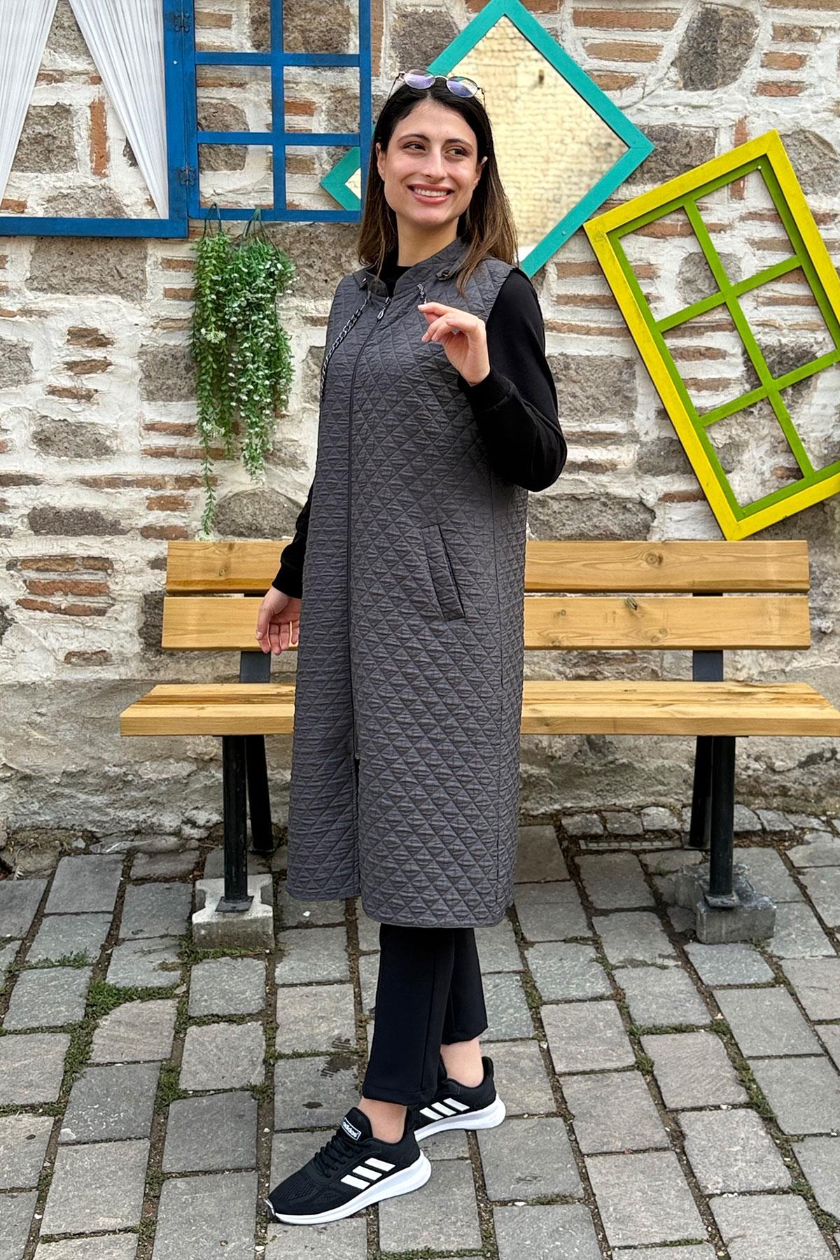 Baklava Desen İnce Kapitone Yelek - SİYAH