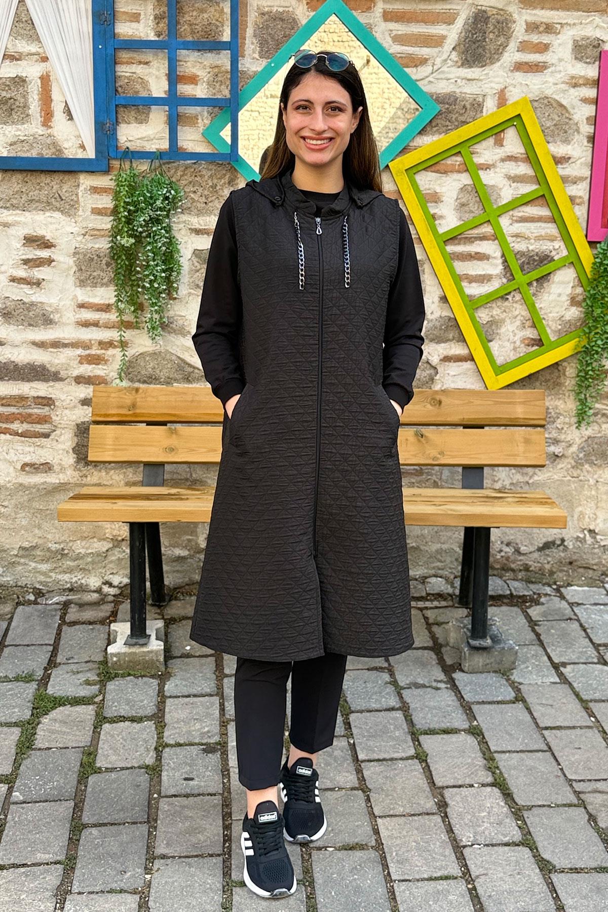 Baklava Desen İnce Kapitone Yelek - SİYAH