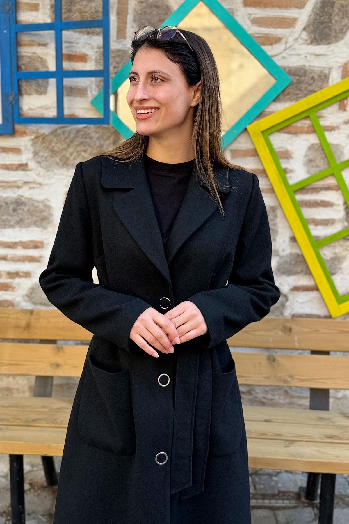 Belden Bağlamalı Kaşe Kaban - SİYAH