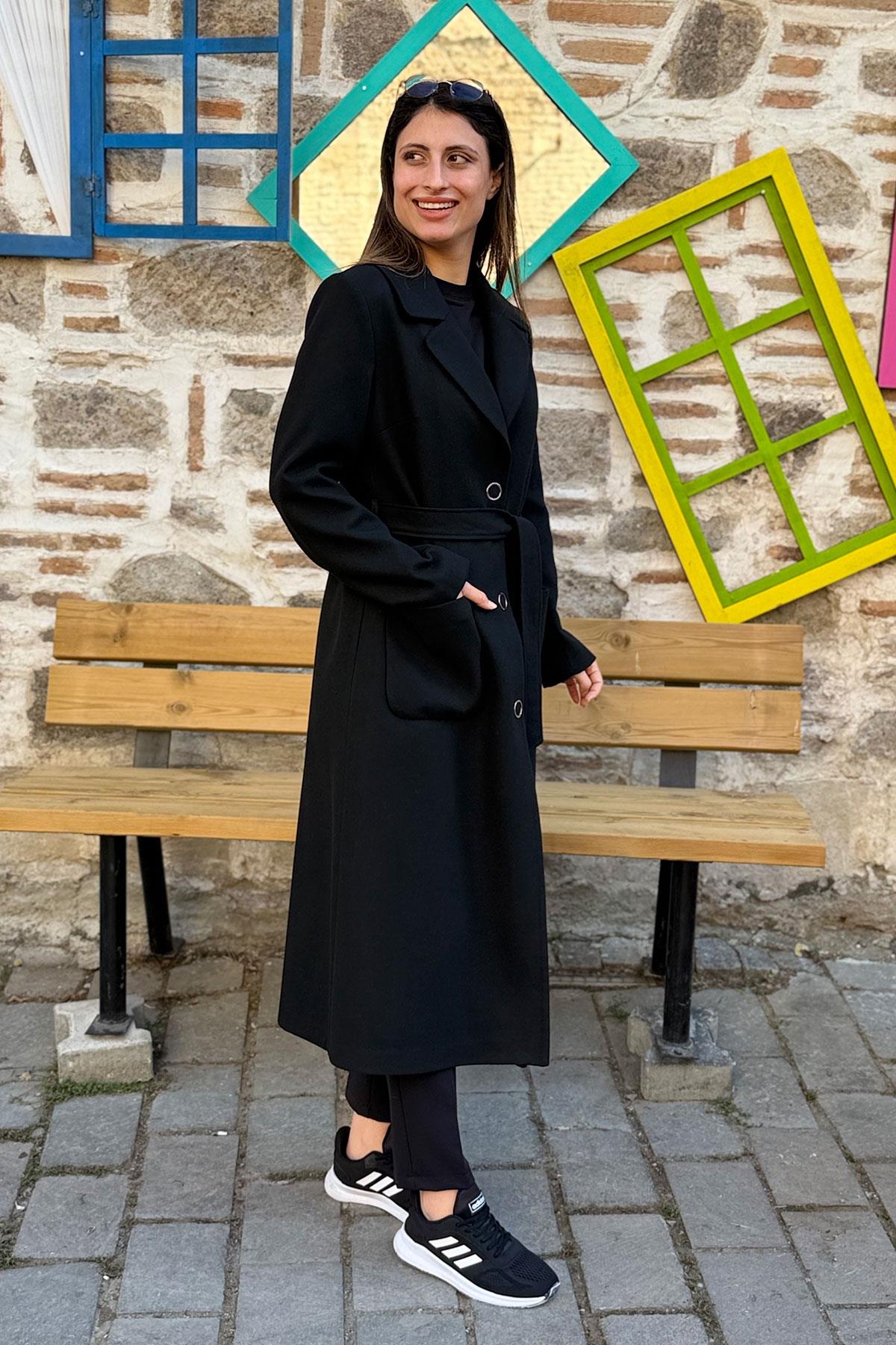 Belden Bağlamalı Kaşe Kaban - SİYAH