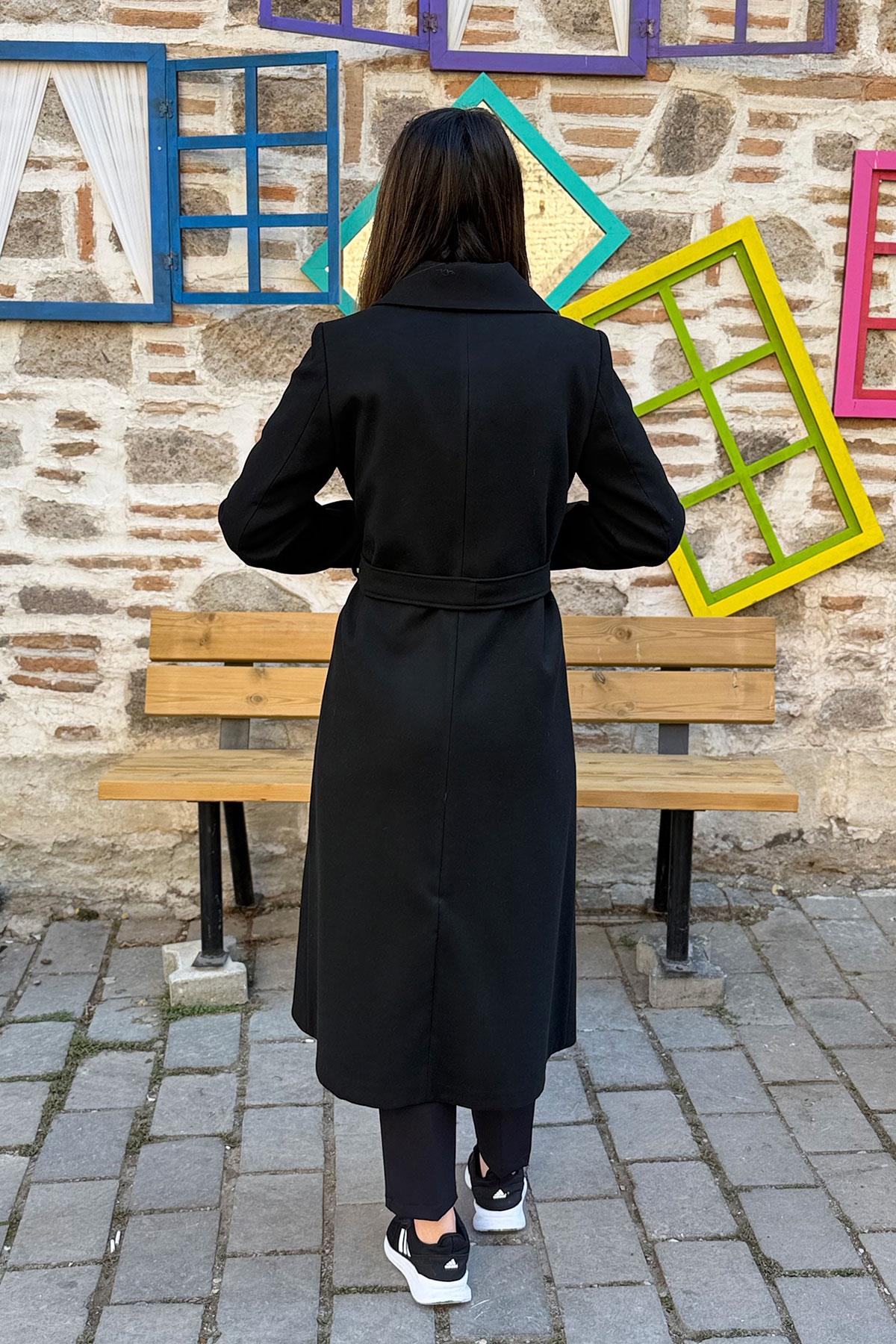 Belden Bağlamalı Kaşe Kaban - SİYAH