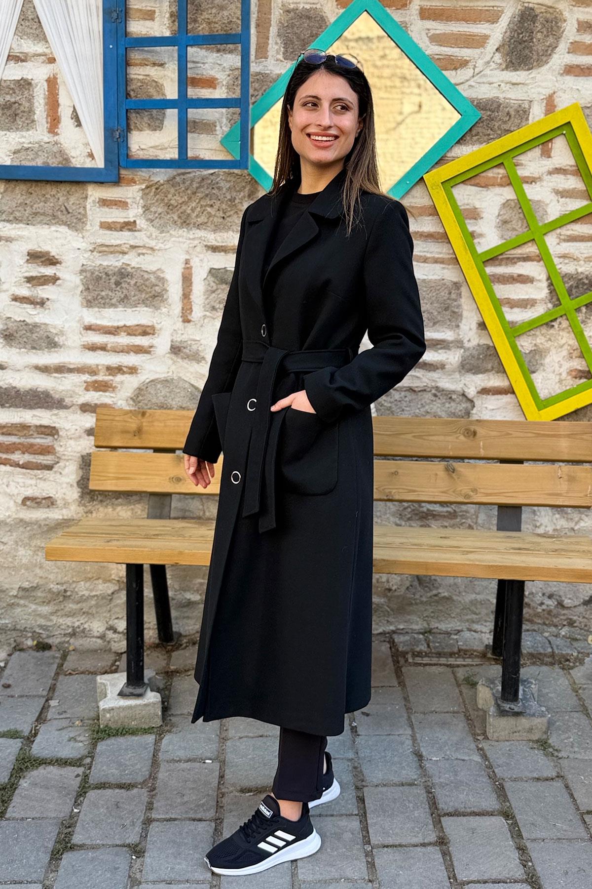 Belden Bağlamalı Kaşe Kaban - SİYAH