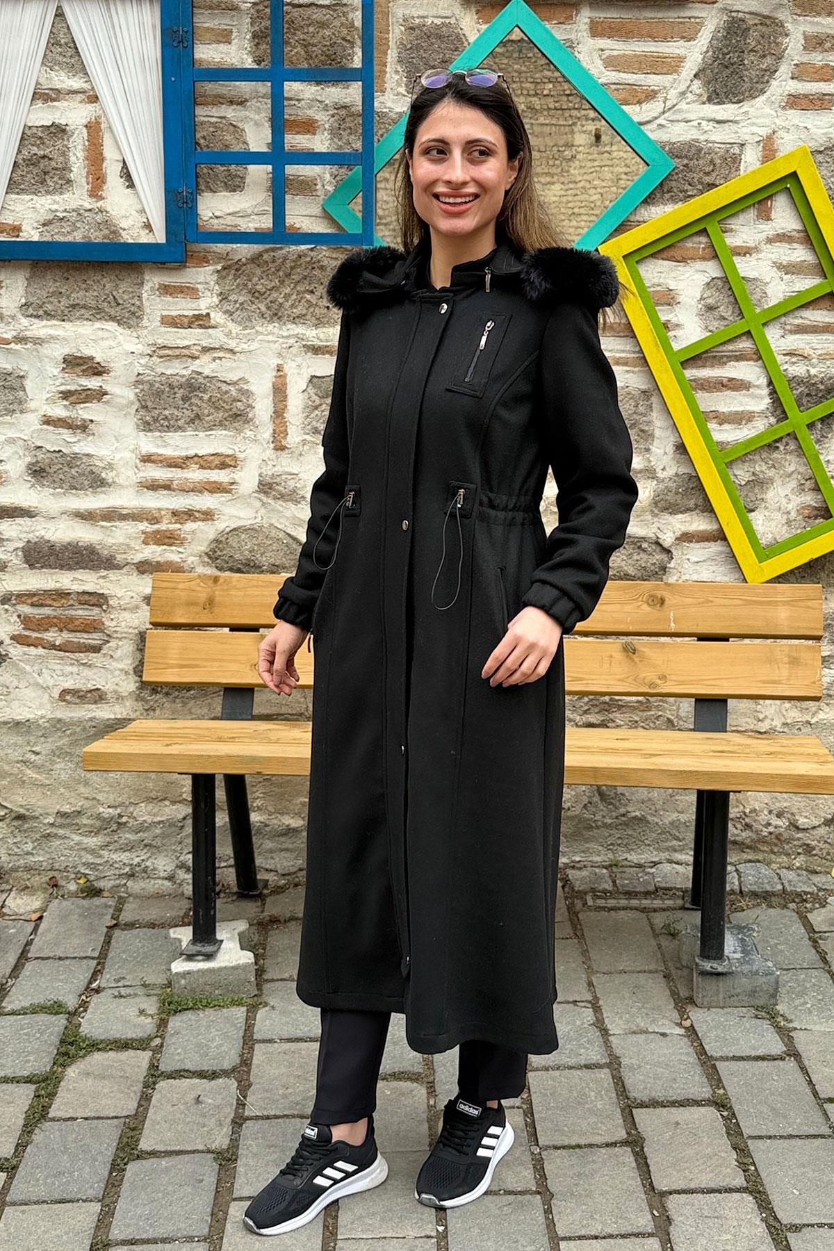 Belden Büzgülü Büyük Beden Kaban - SİYAH