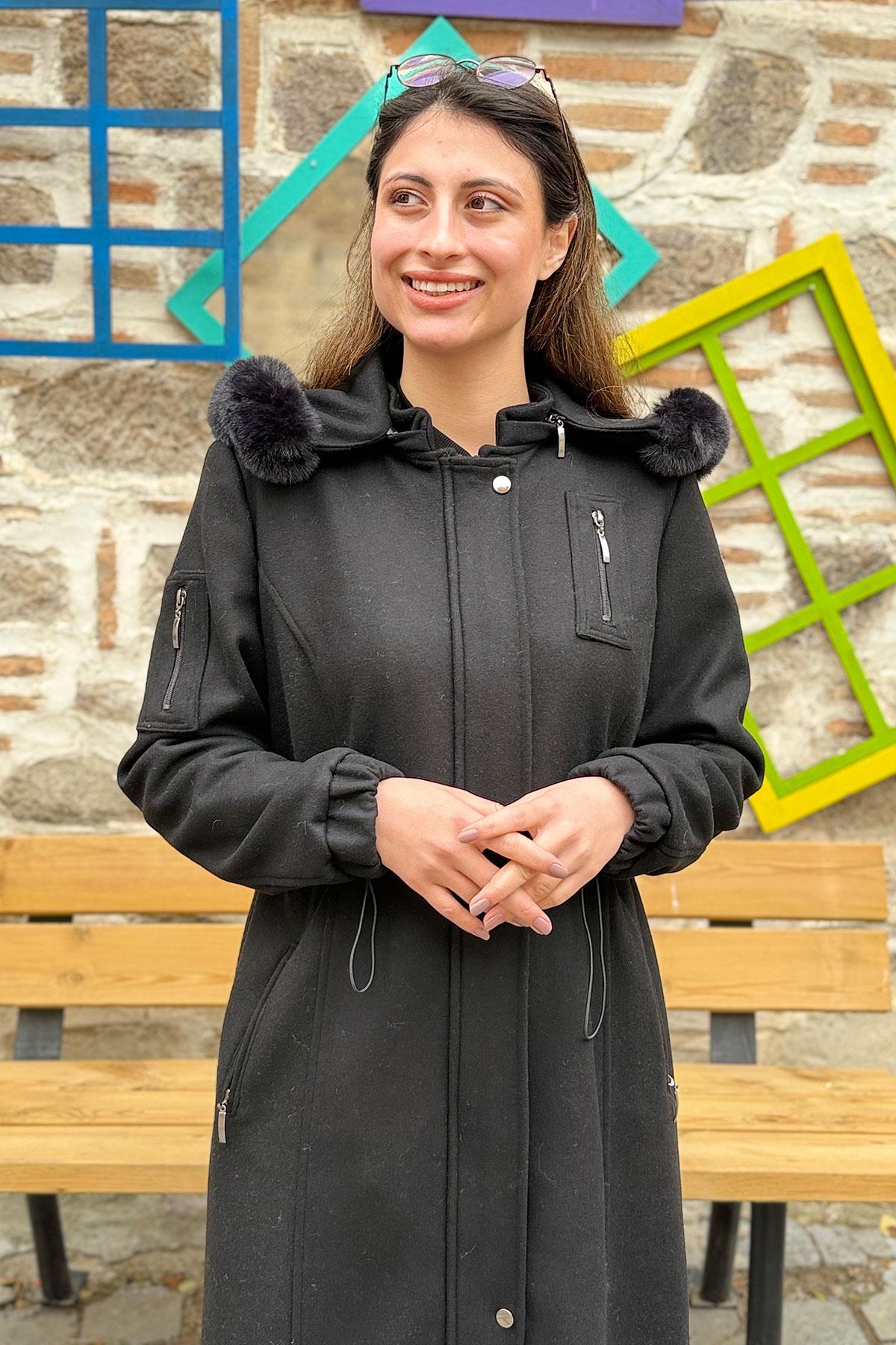 Belden Büzgülü Büyük Beden Kaban - SİYAH