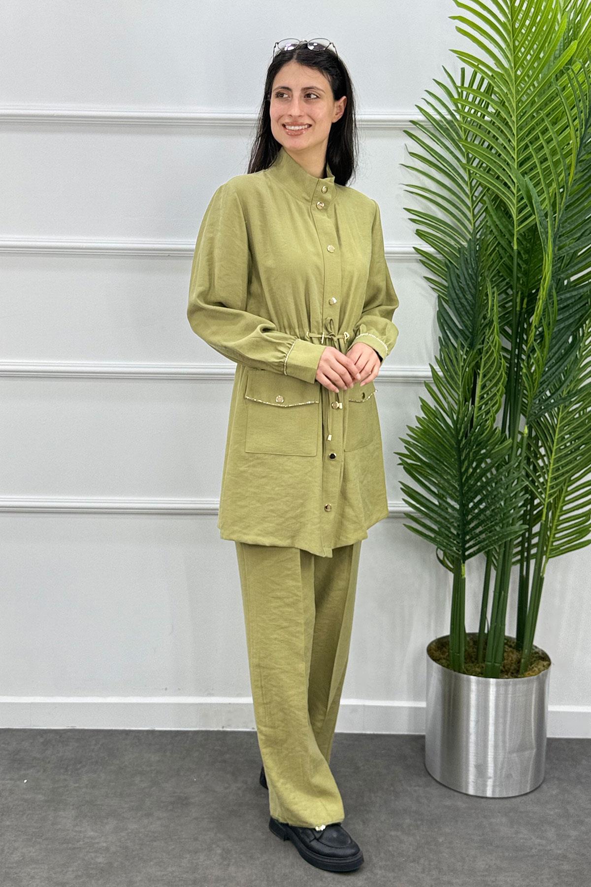 Belden Büzgülü Taşlı Çıtçıtlı Ceket Pantolon Takım - Haki