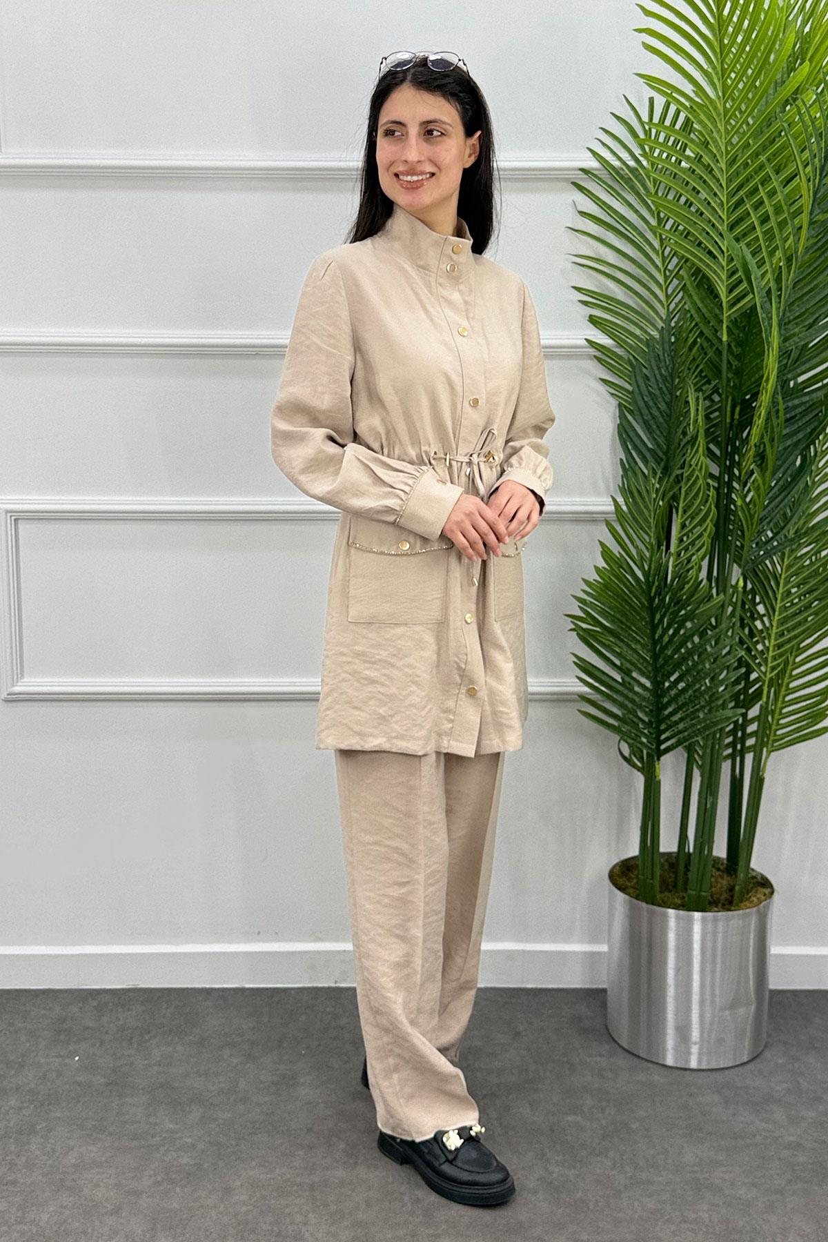 Belden Büzgülü Taşlı Çıtçıtlı Ceket Pantolon Takım - Bej