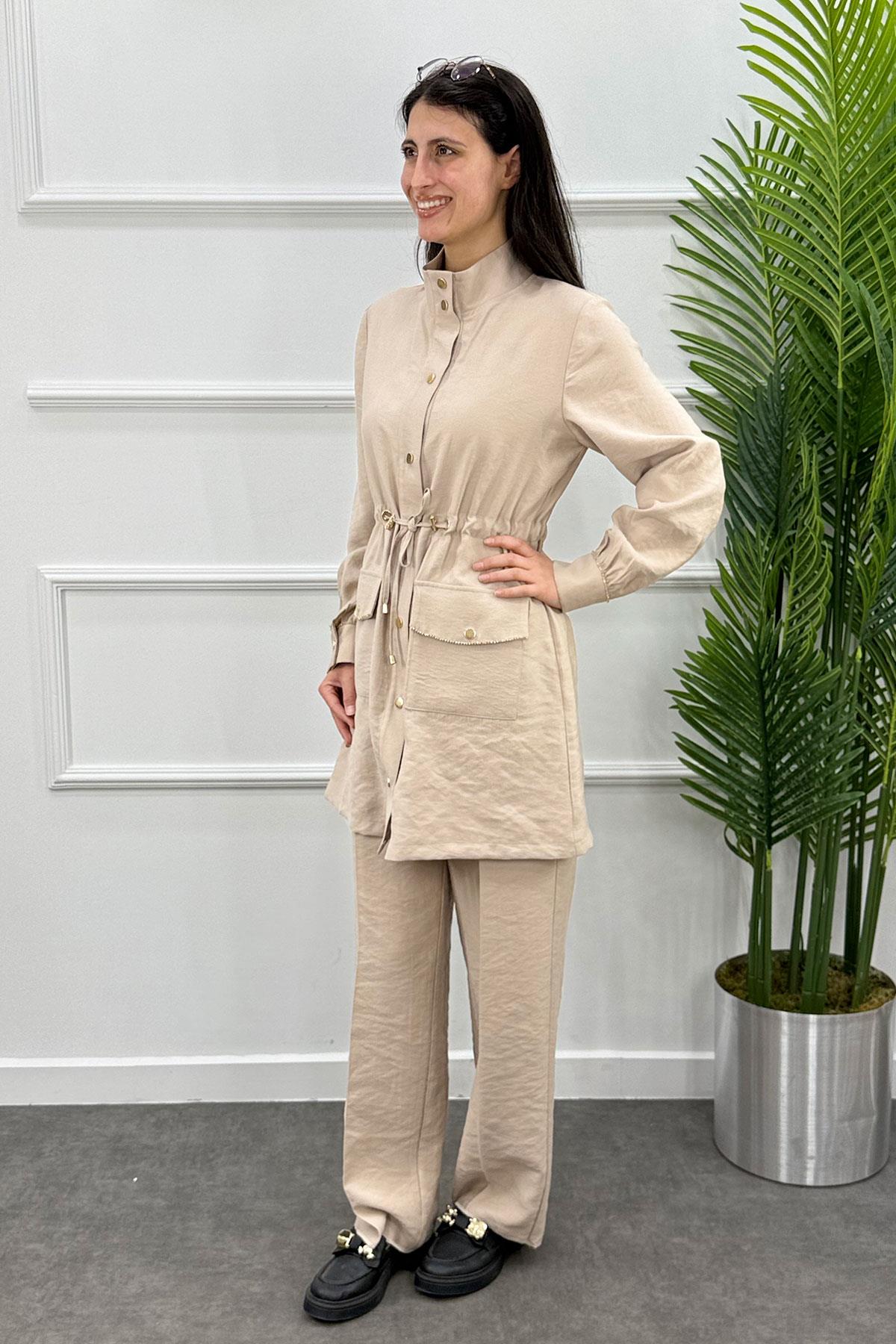 Belden Büzgülü Taşlı Çıtçıtlı Ceket Pantolon Takım - Bej