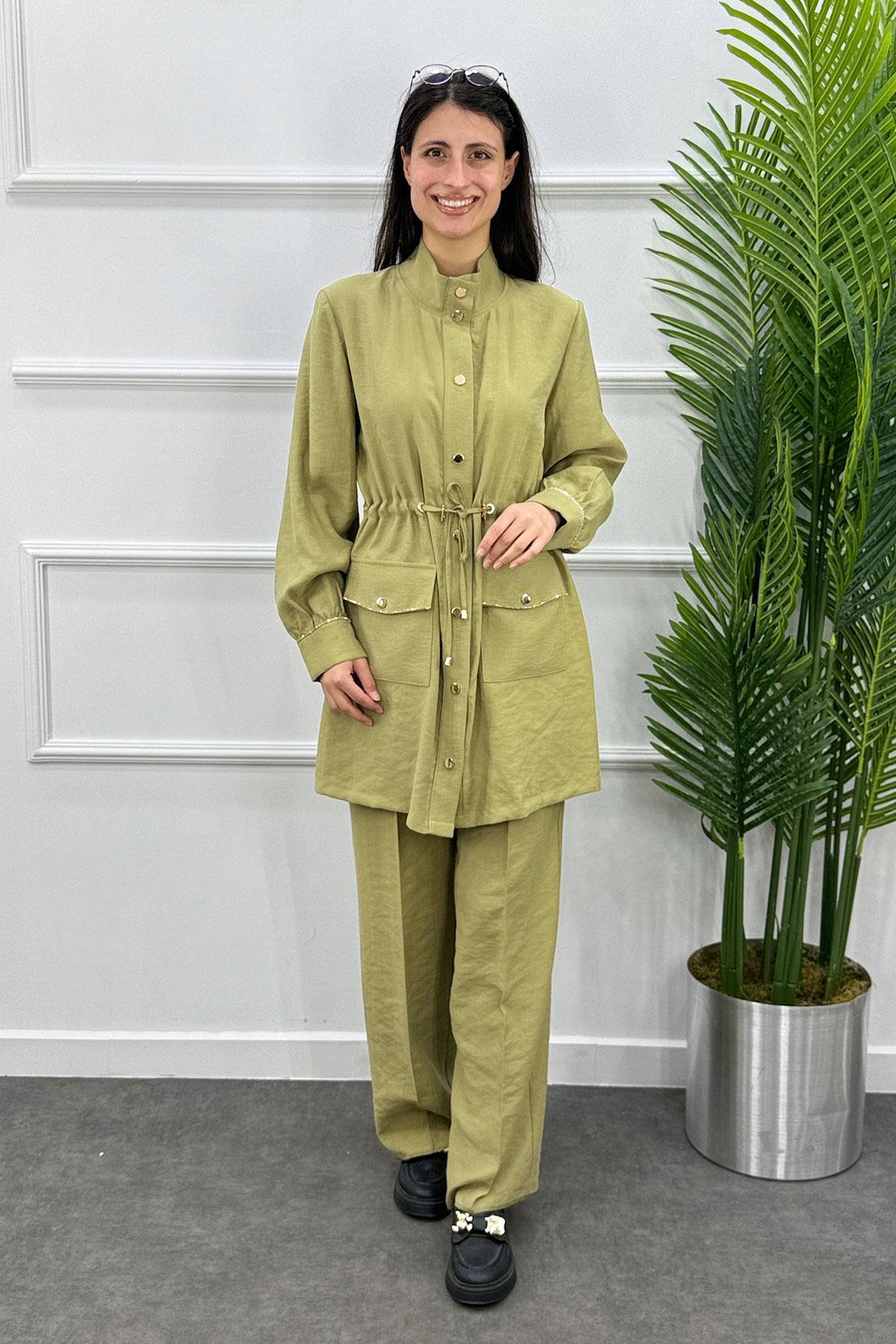 Belden Büzgülü Taşlı Çıtçıtlı Ceket Pantolon Takım - Haki