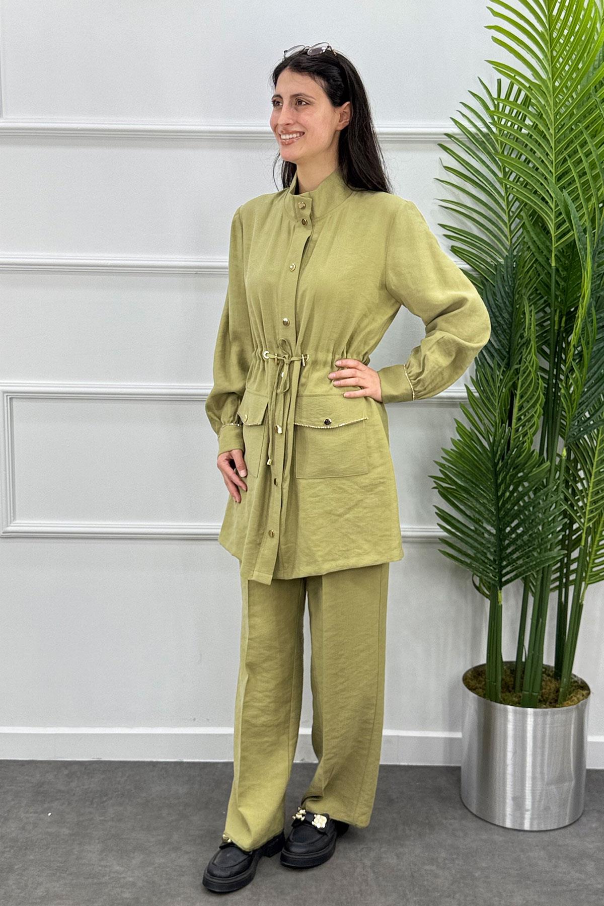 Belden Büzgülü Taşlı Çıtçıtlı Ceket Pantolon Takım - Haki