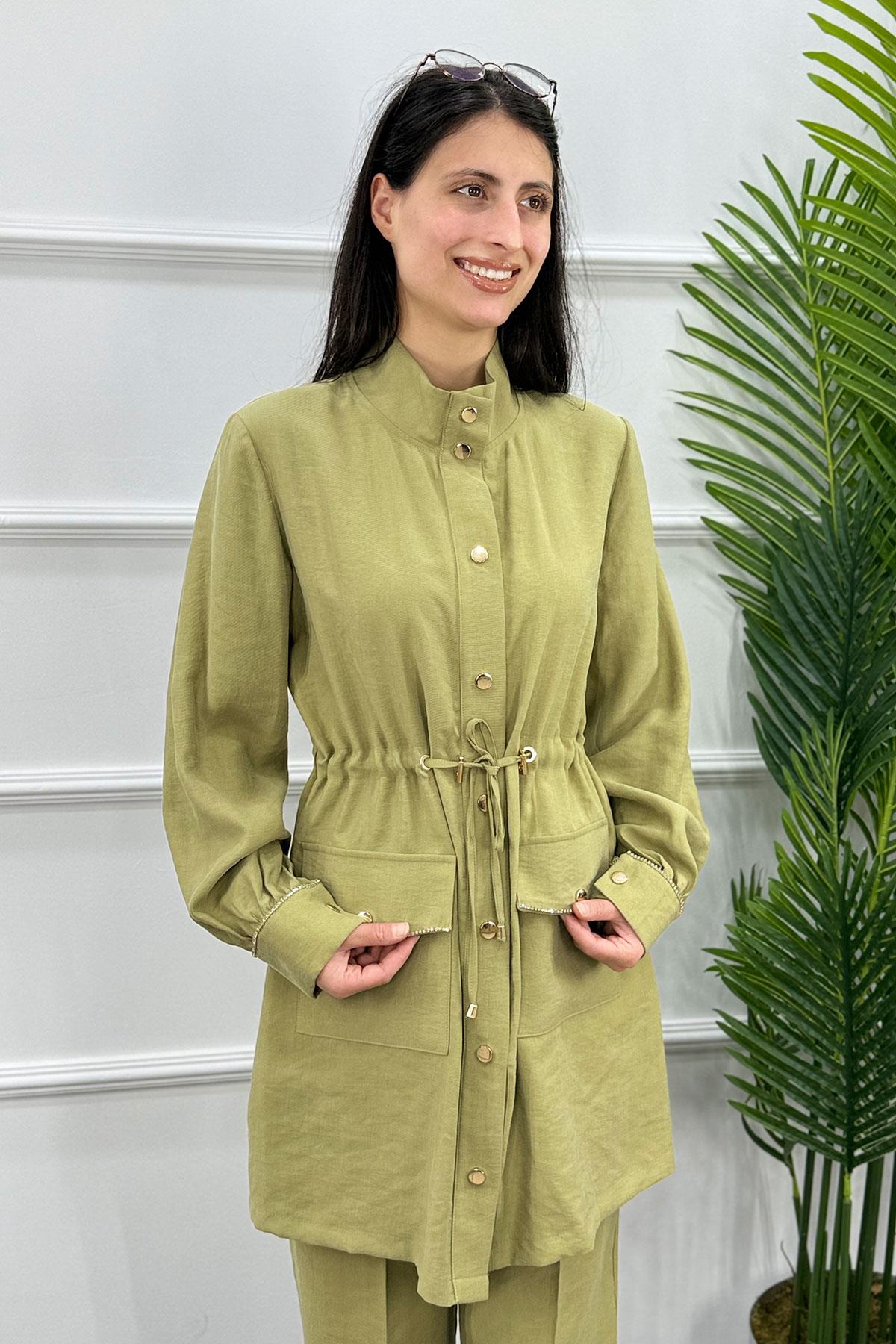 Belden Büzgülü Taşlı Çıtçıtlı Ceket Pantolon Takım - Haki