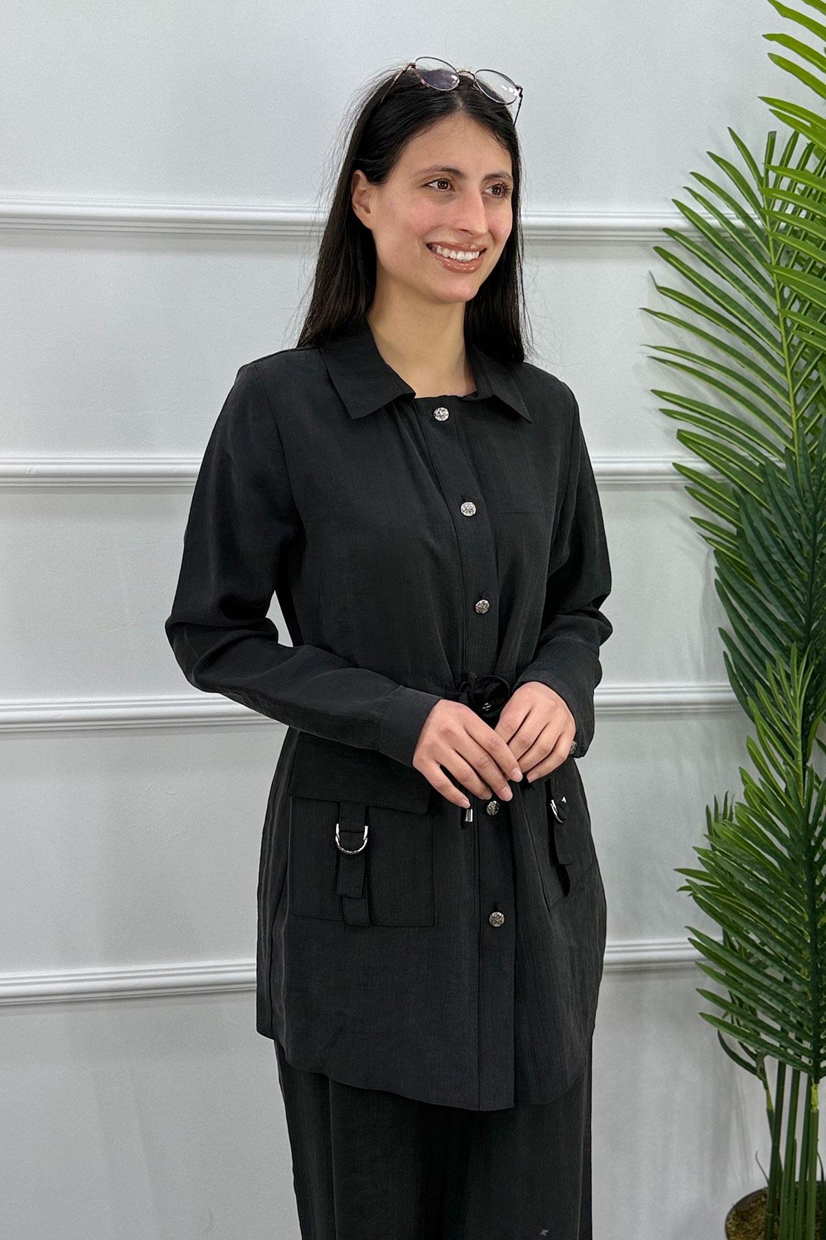 Beli Büzgülü Tokalı Cepli Ceket Pantolon Takım - Siyah