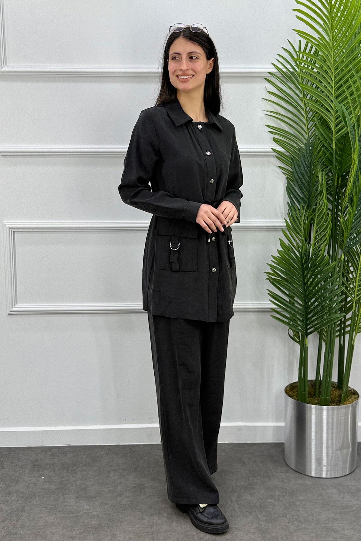 Beli Büzgülü Tokalı Cepli Ceket Pantolon Takım - Siyah