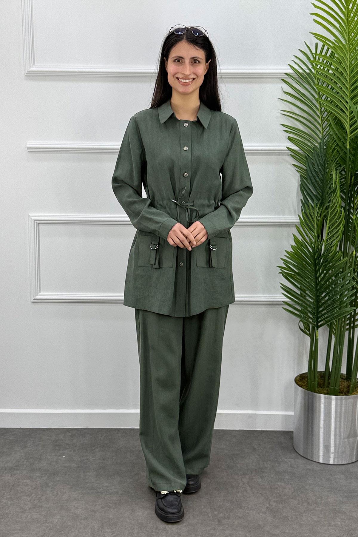 Beli Büzgülü Tokalı Cepli Ceket Pantolon Takım - Haki