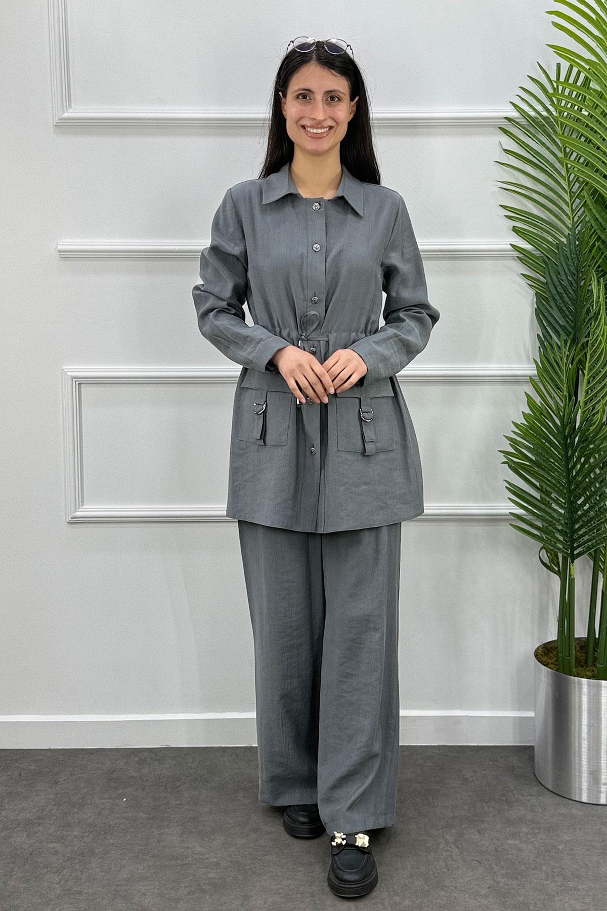 Beli Büzgülü Tokalı Cepli Ceket Pantolon Takım - Gri