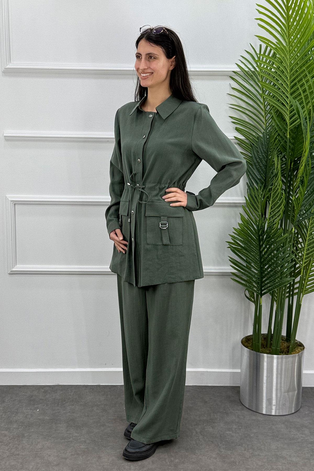 Beli Büzgülü Tokalı Cepli Ceket Pantolon Takım - Haki