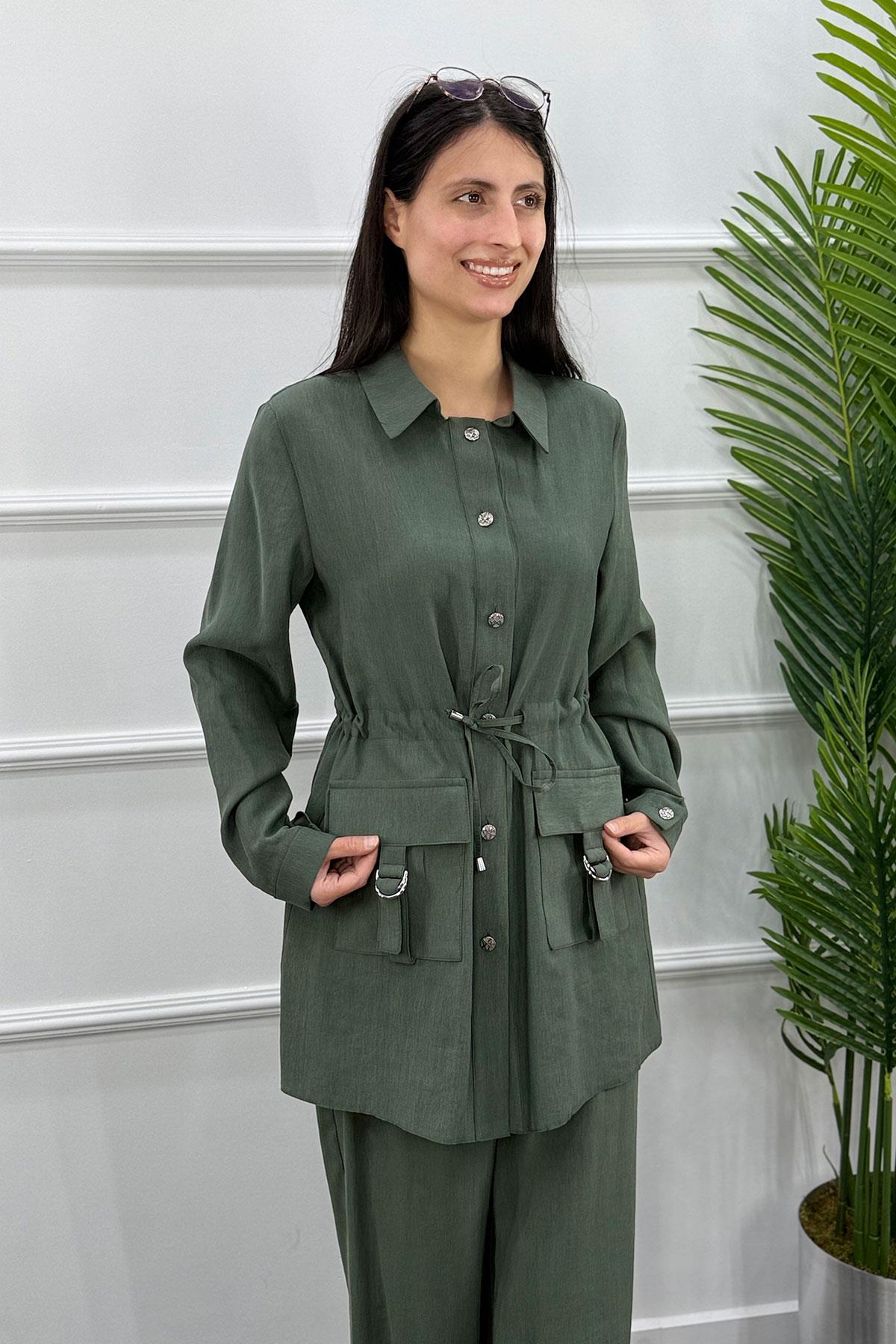 Beli Büzgülü Tokalı Cepli Ceket Pantolon Takım - Haki