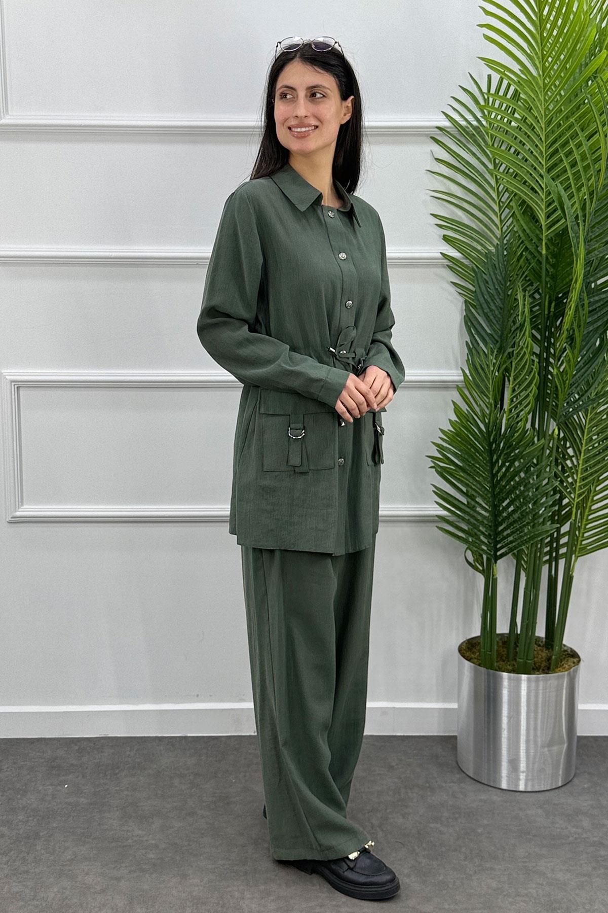 Beli Büzgülü Tokalı Cepli Ceket Pantolon Takım - Haki