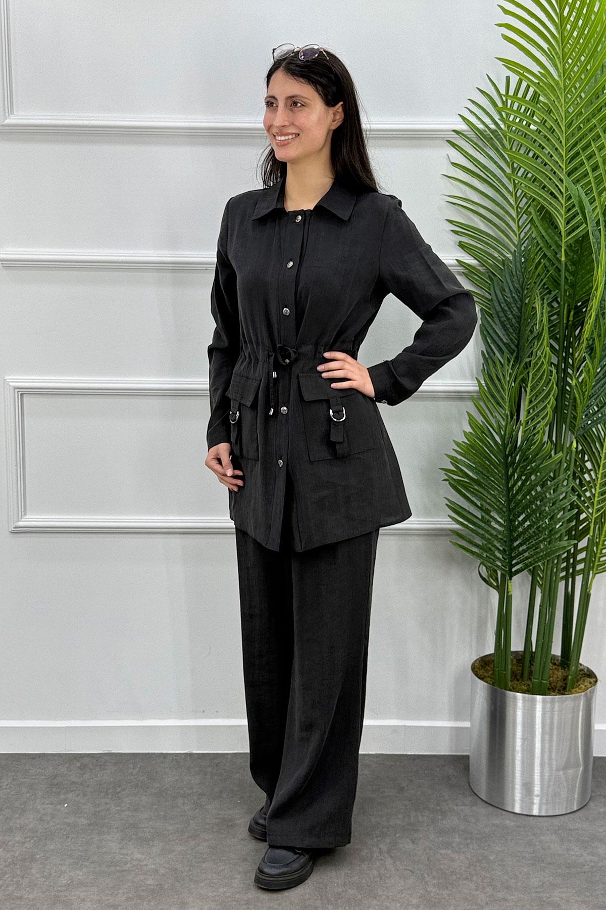 Beli Büzgülü Tokalı Cepli Ceket Pantolon Takım - Siyah