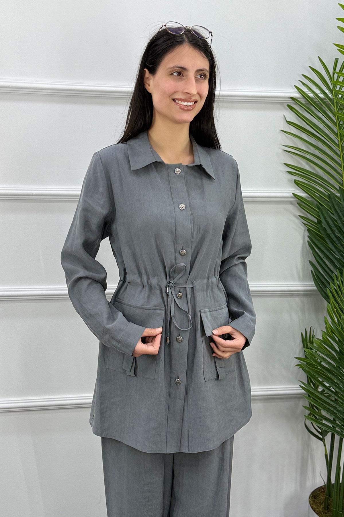 Beli Büzgülü Tokalı Cepli Ceket Pantolon Takım - Gri