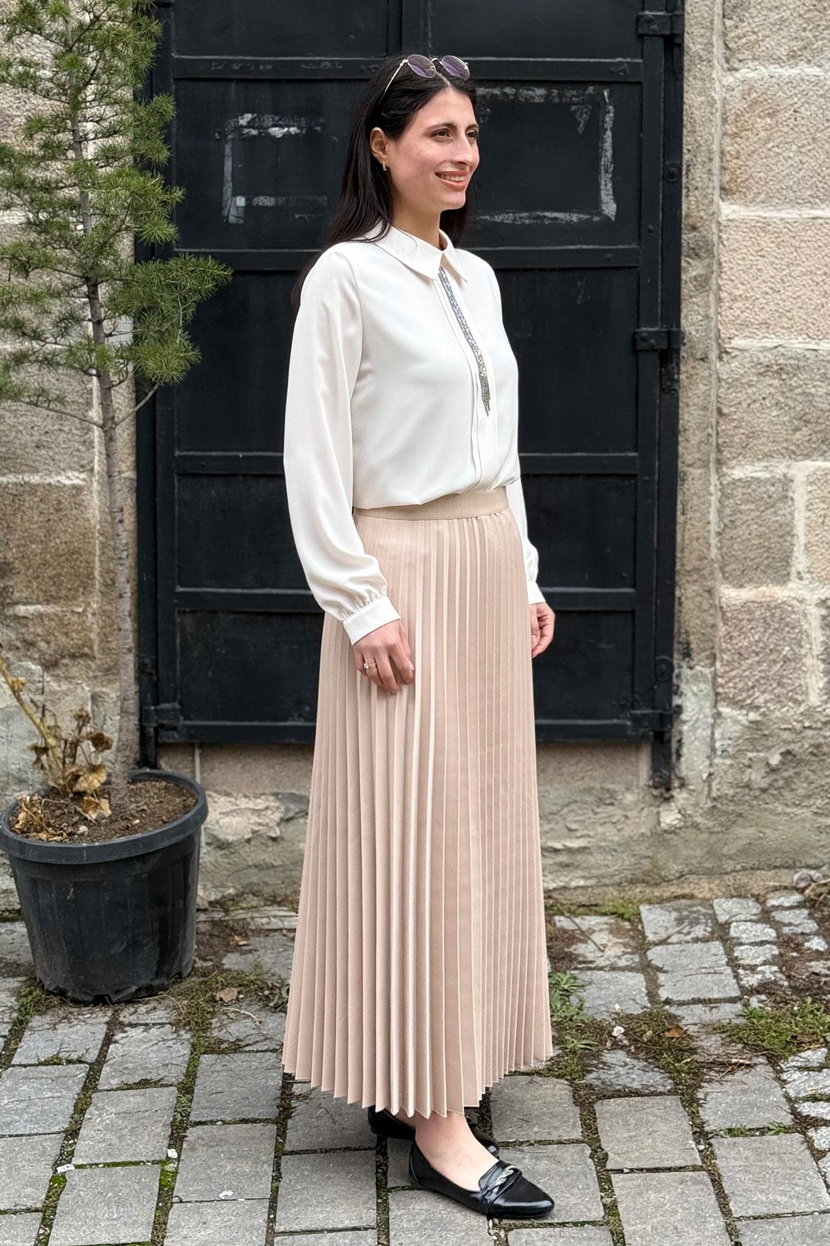 Beli Lastikli Piliseli Etek - BEJ