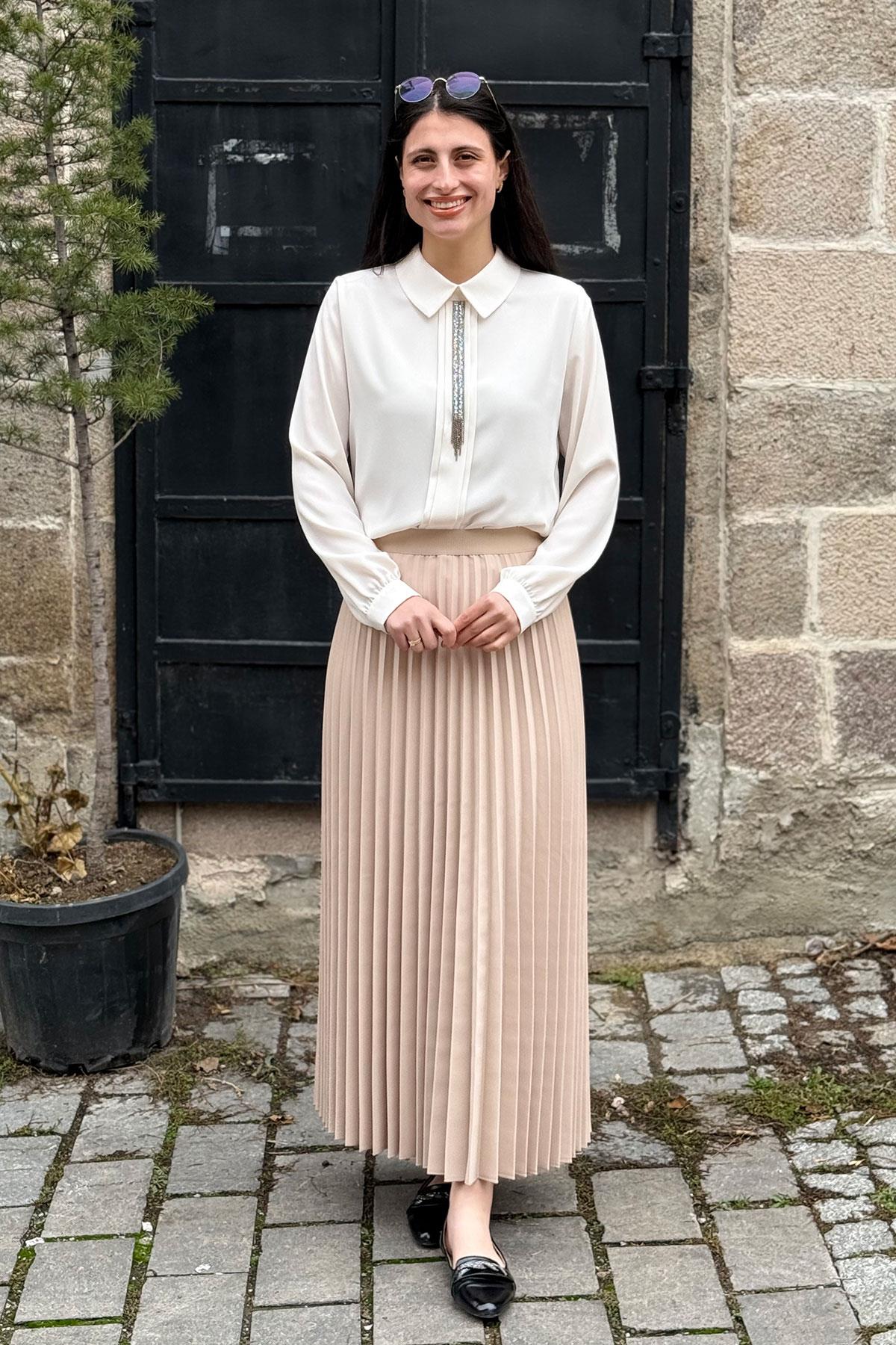 Beli Lastikli Piliseli Etek - BEJ