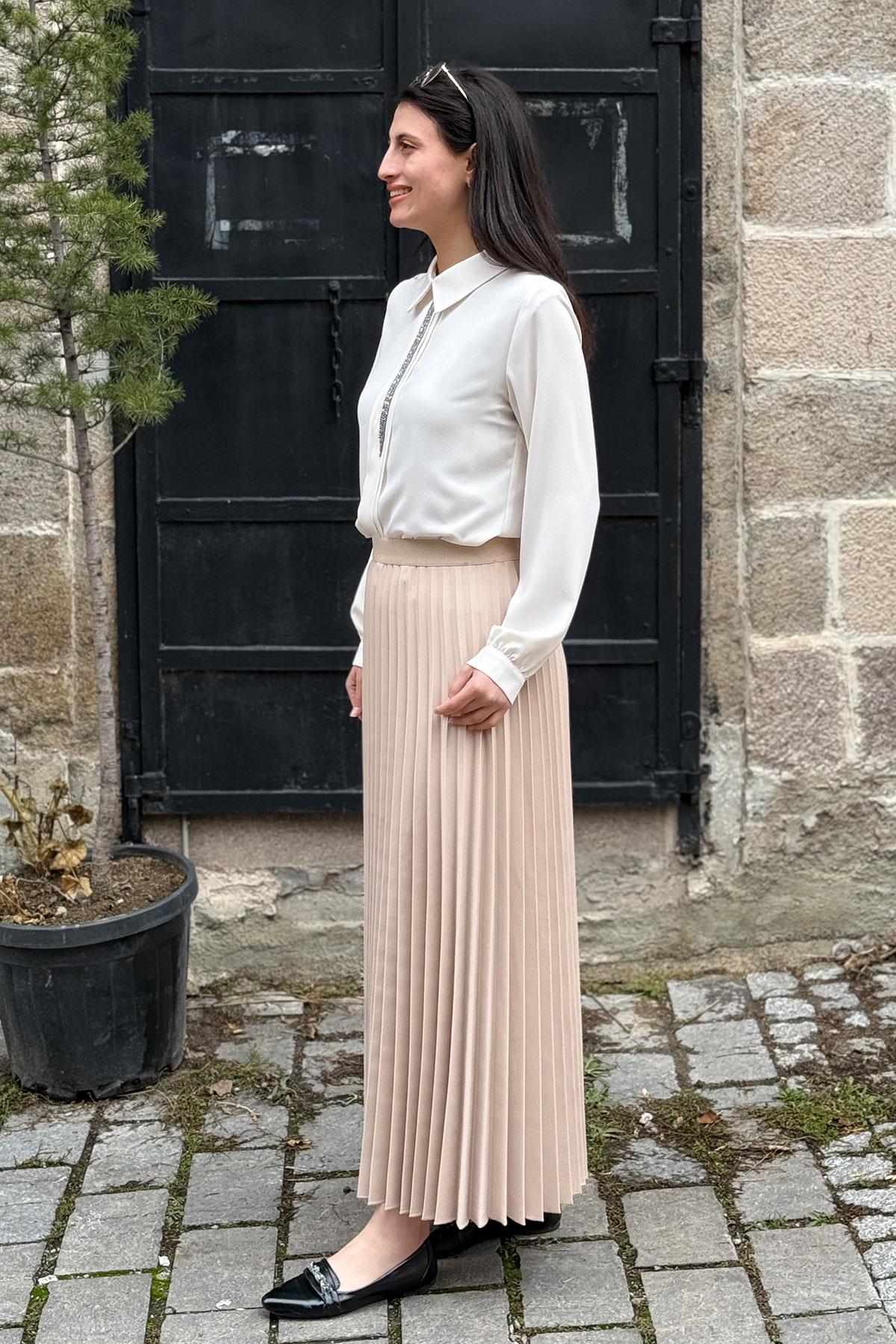 Beli Lastikli Piliseli Etek - BEJ