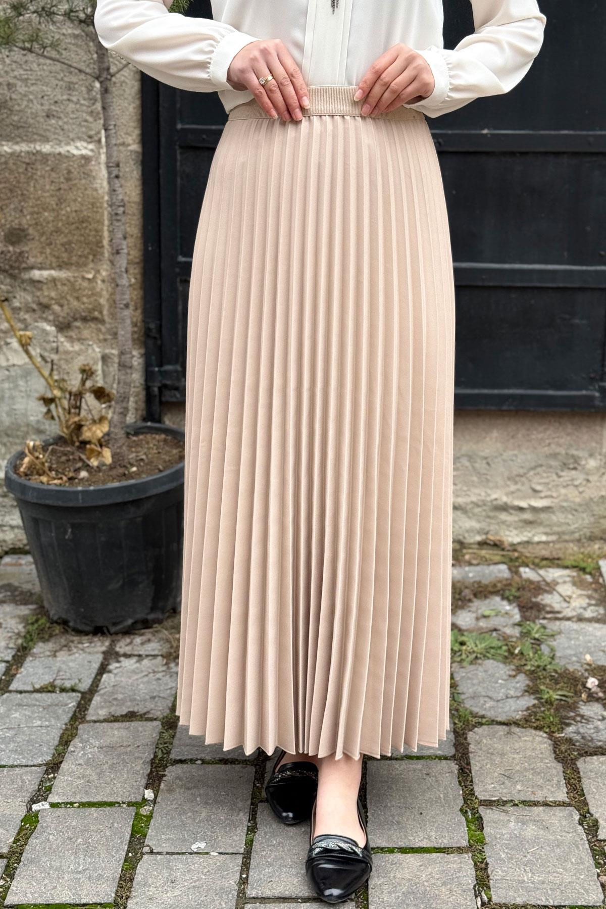 Beli Lastikli Piliseli Etek - BEJ