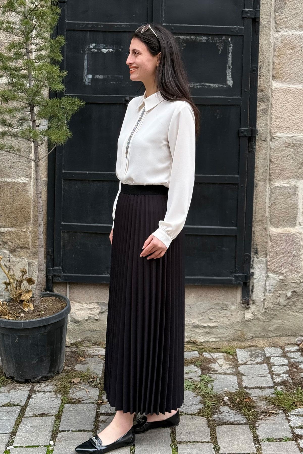 Beli Lastikli Piliseli Etek - SİYAH