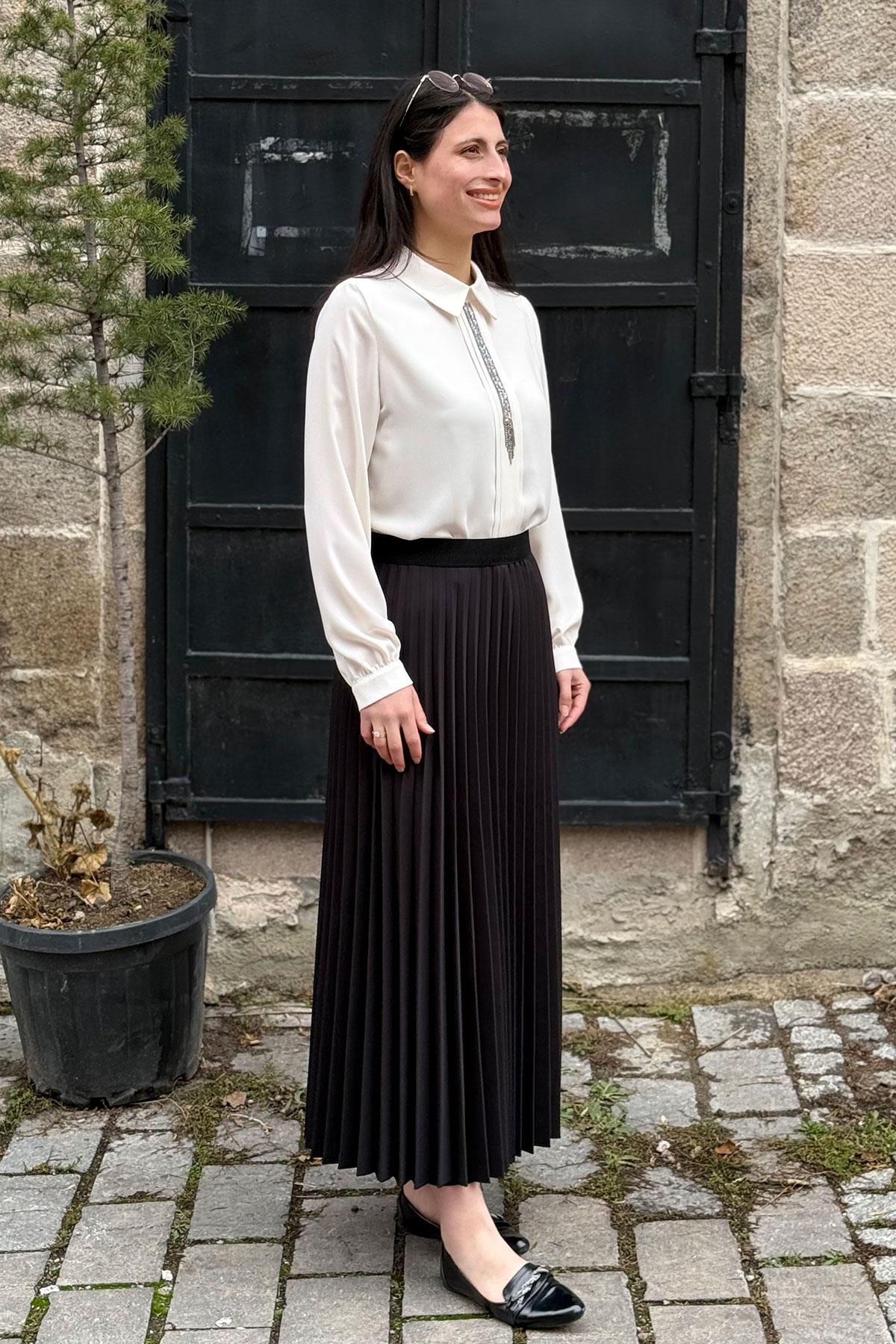 Beli Lastikli Piliseli Etek - SİYAH