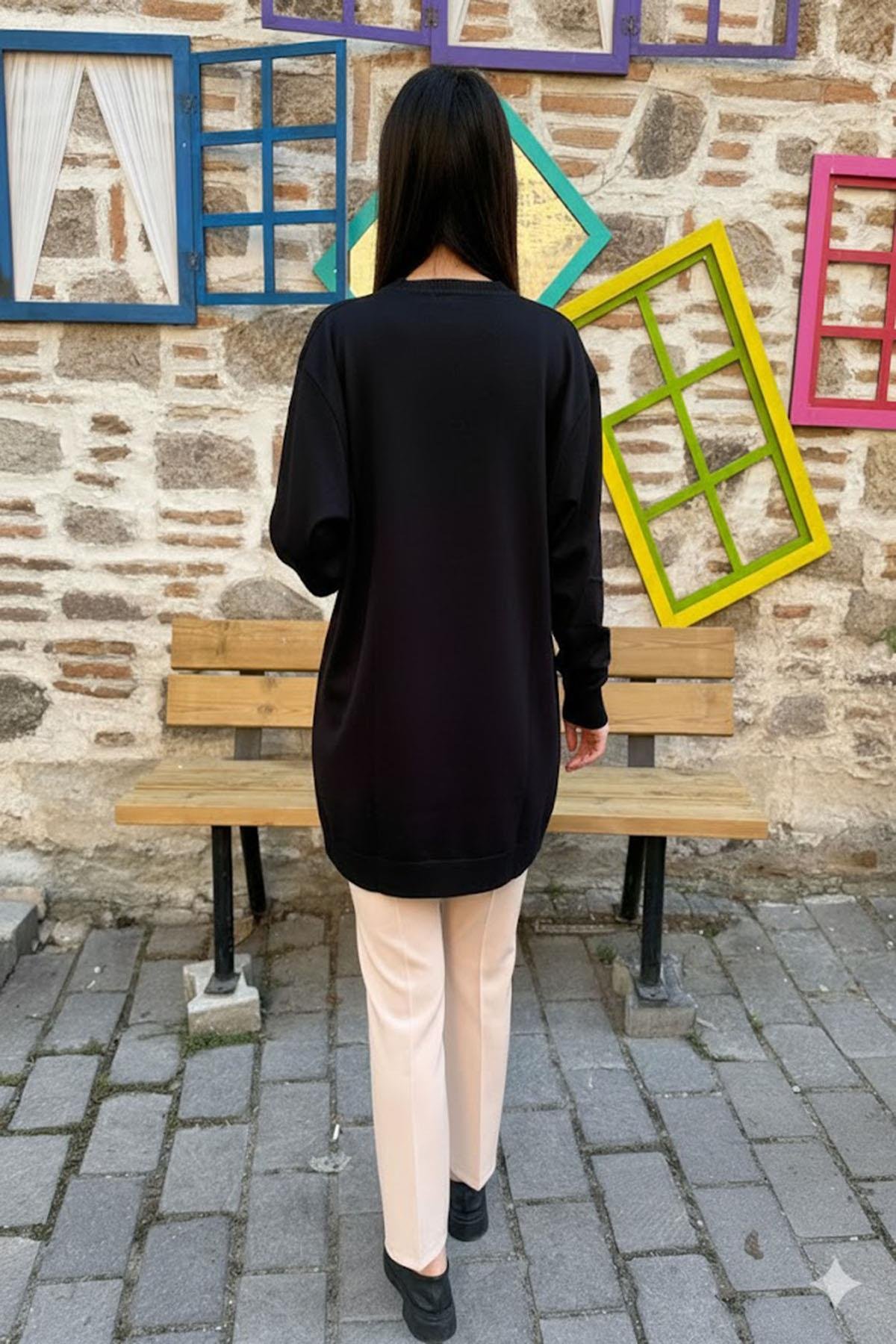 Bisiklet Yaka Rahat Kesim Triko Tunik – Siyah