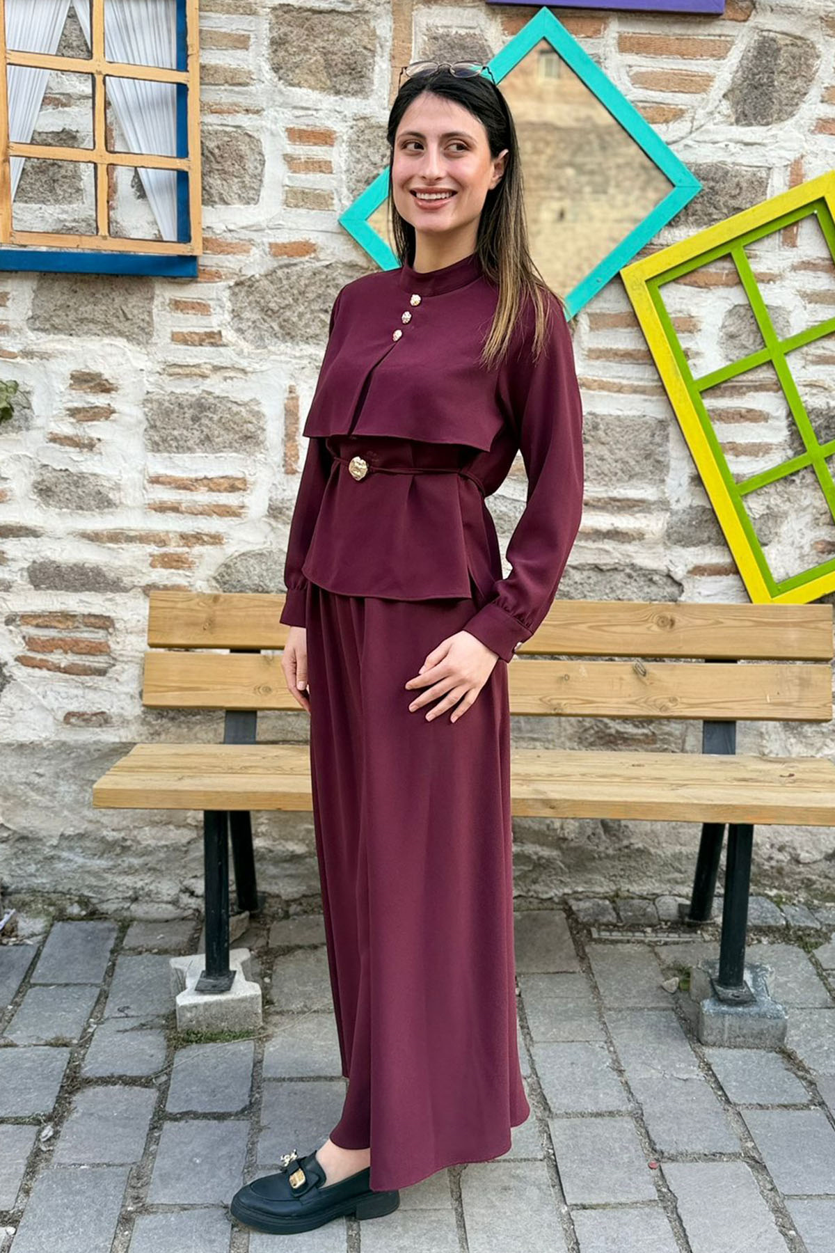 Bolero Görünümlü Hakim Yaka Etekli Takım - BORDO