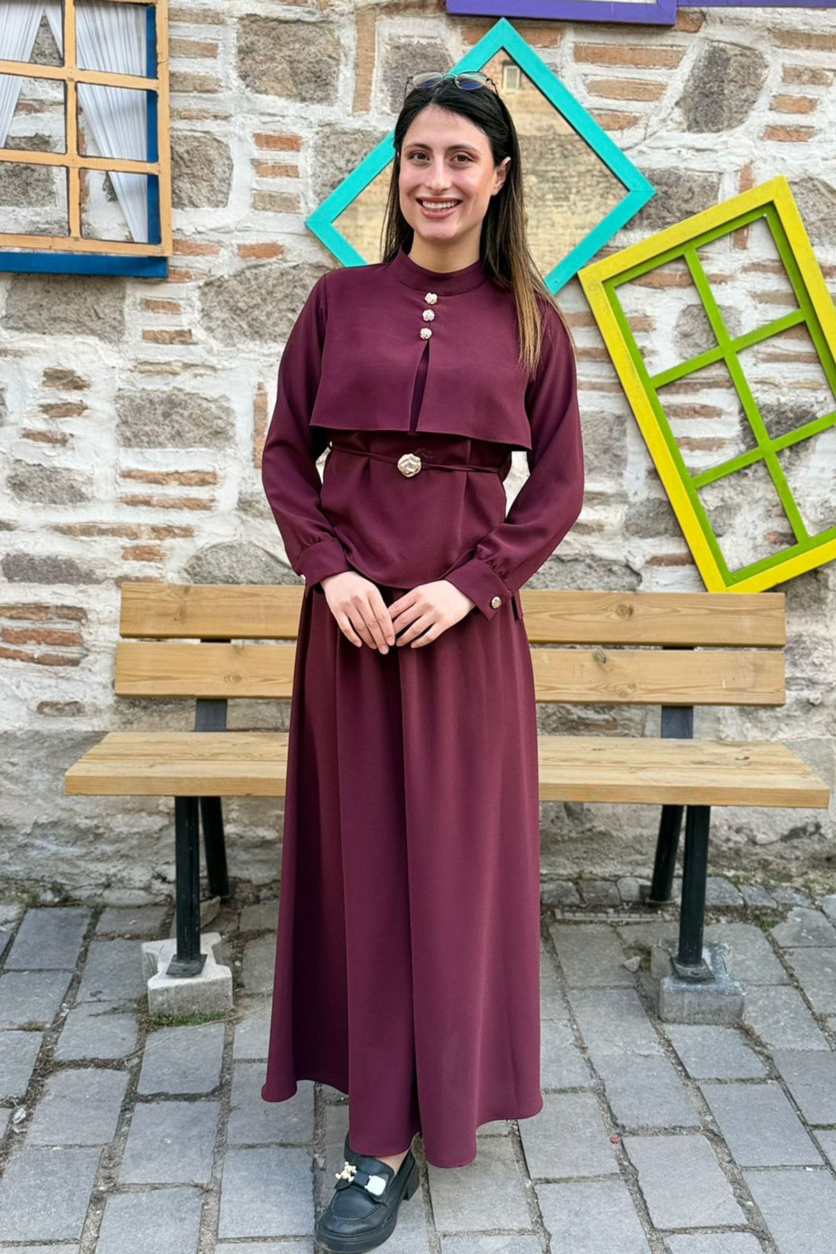 Bolero Görünümlü Hakim Yaka Etekli Takım - BORDO