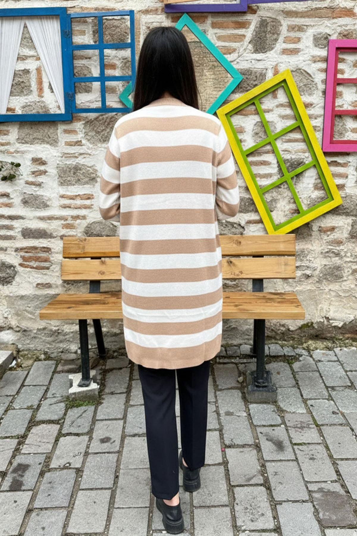 Camel Çizgili Uzun Triko Hırka - CAMEL