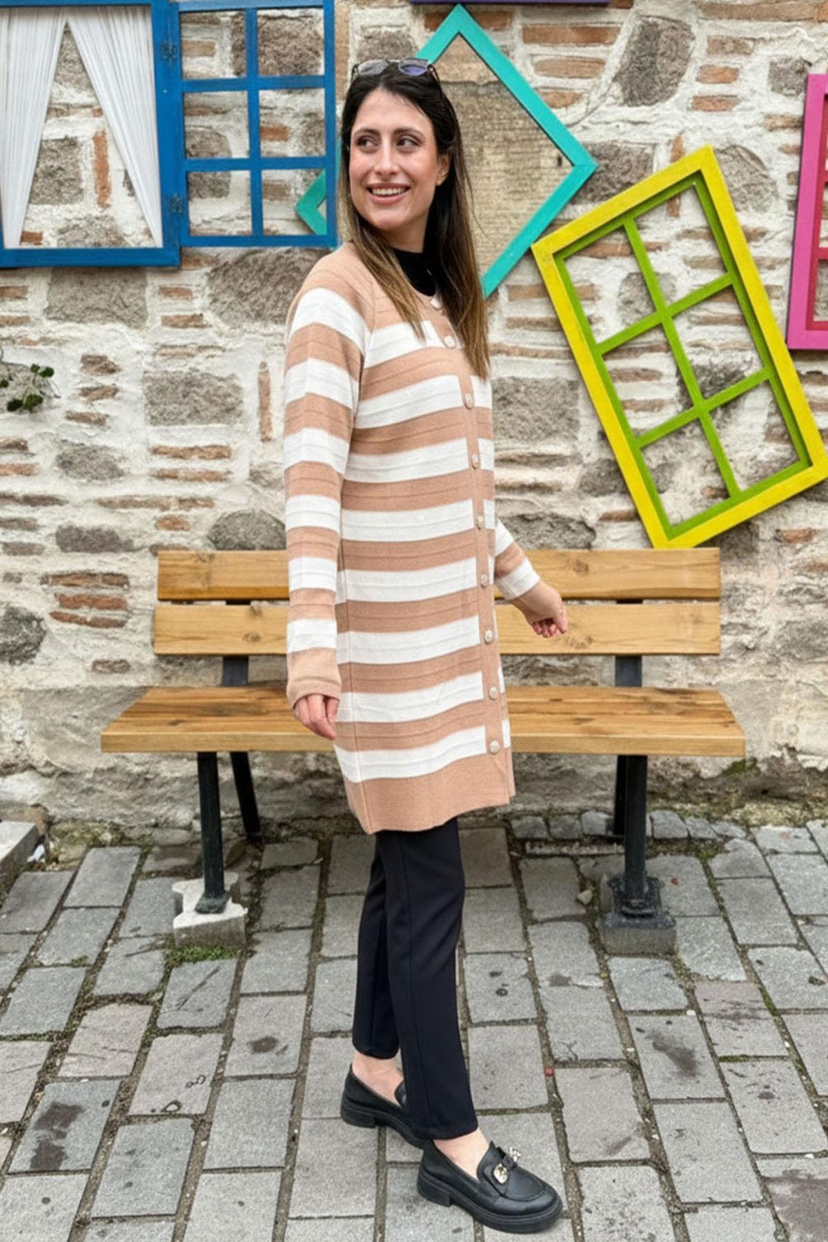 Camel Çizgili Uzun Triko Hırka - CAMEL