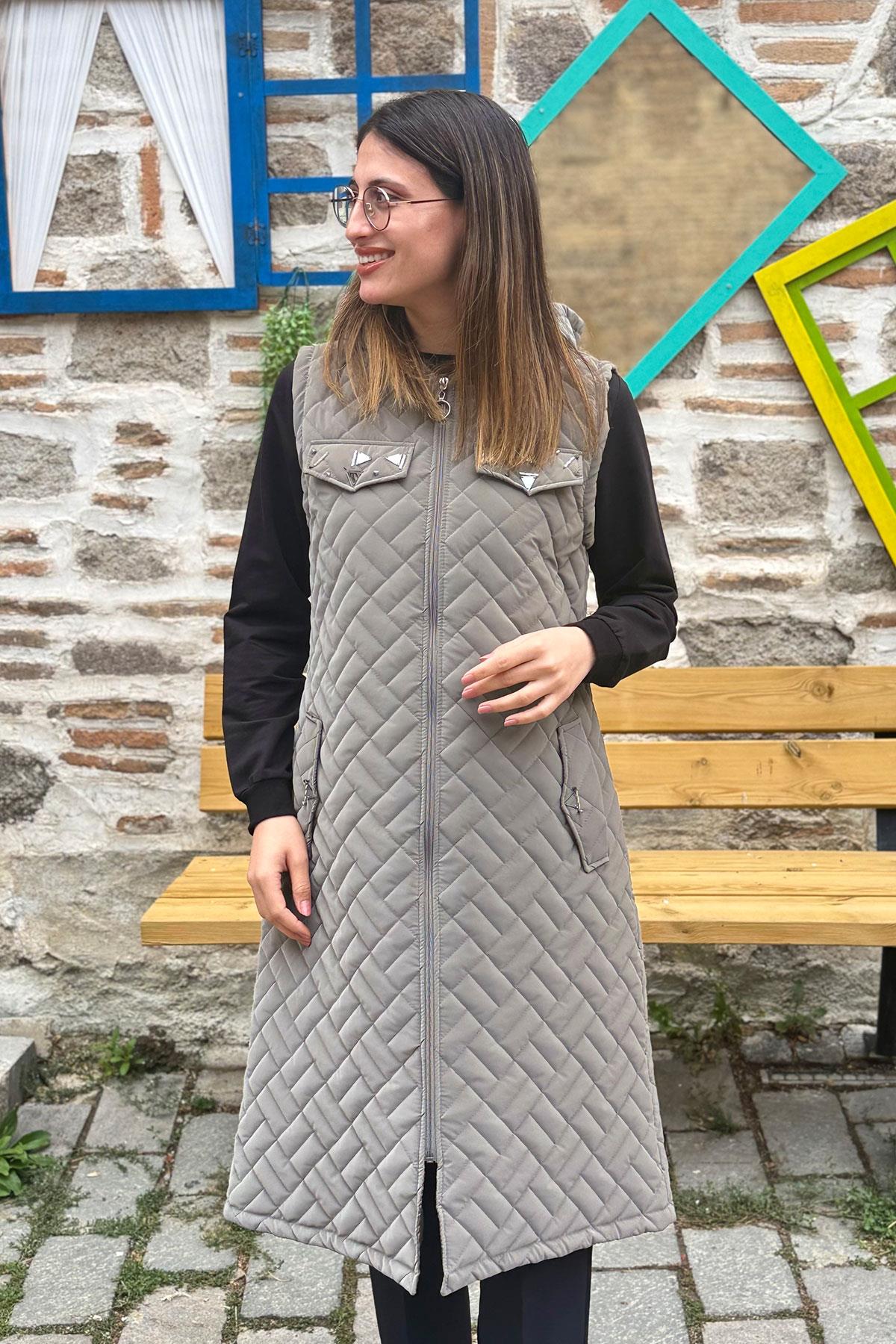 Cebi Taşlı Kapitone Yelek - GRİ