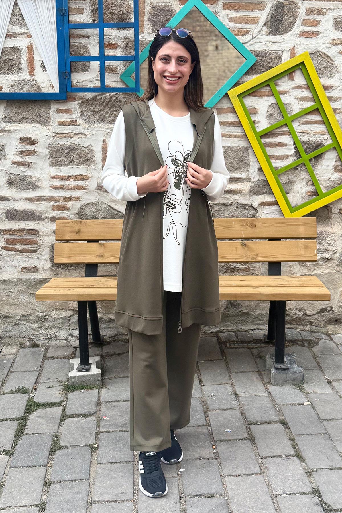 Çiçek Desenli Tunik Yelek Pantolon Üçlü Takım - HAKİ