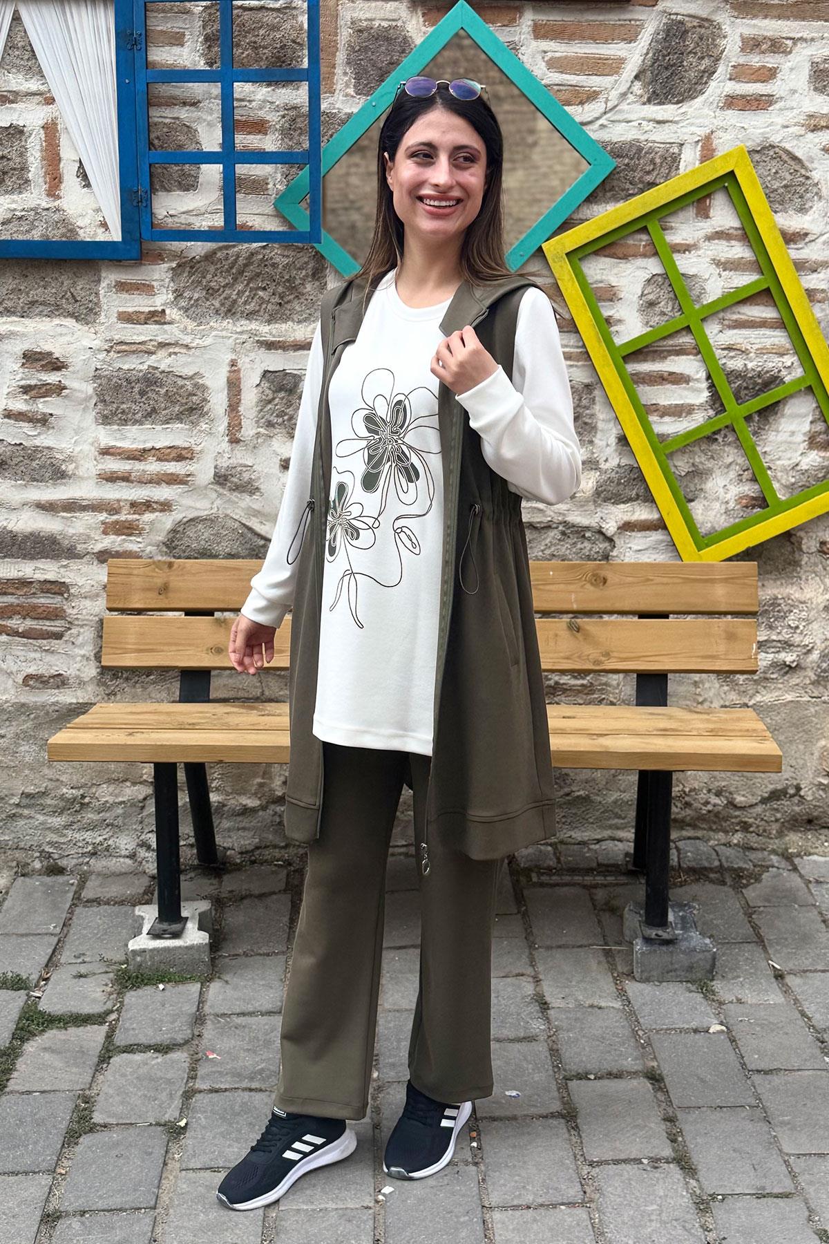 Çiçek Desenli Tunik Yelek Pantolon Üçlü Takım - HAKİ