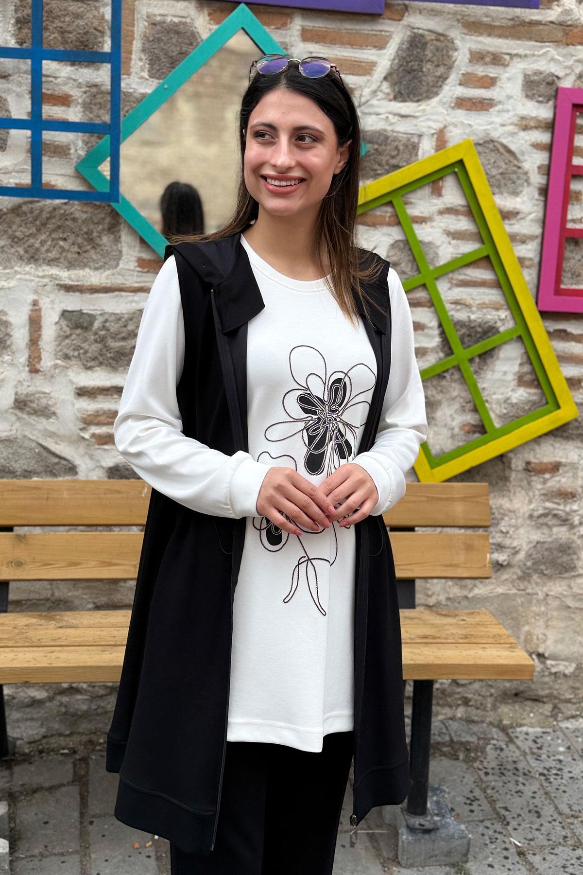 Çiçek Desenli Tunik Yelek Pantolon Üçlü Takım - SİYAH