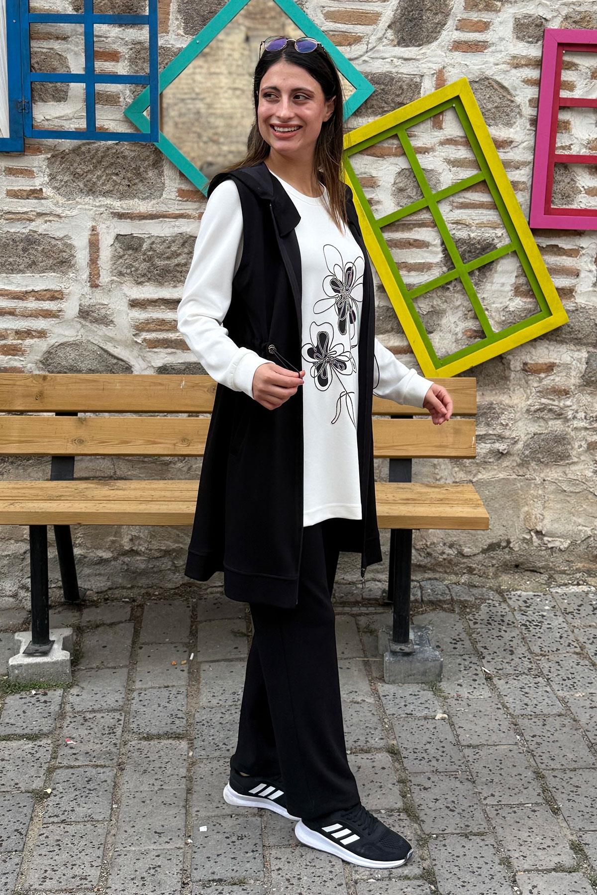 Çiçek Desenli Tunik Yelek Pantolon Üçlü Takım - SİYAH