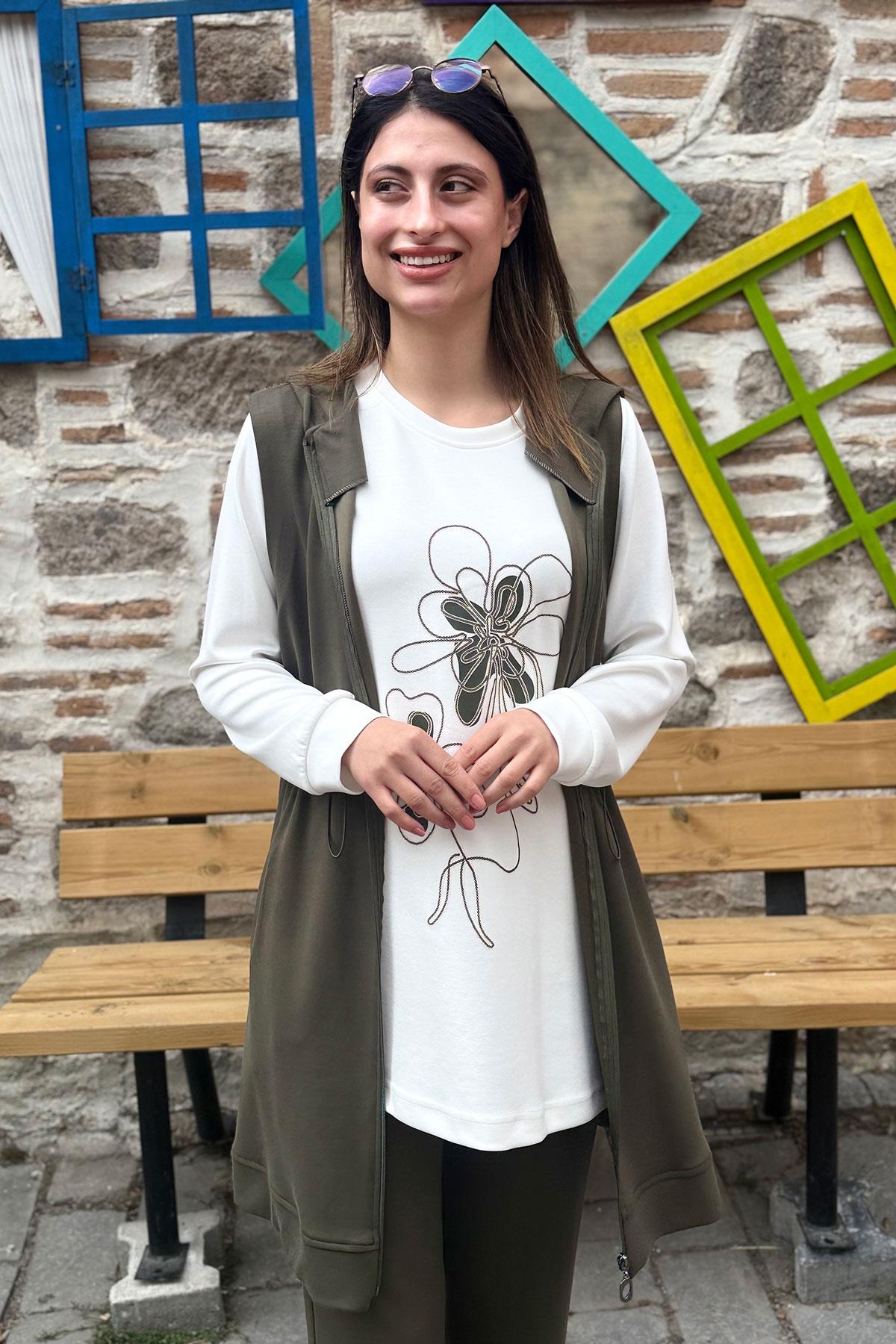 Çiçek Desenli Tunik Yelek Pantolon Üçlü Takım - HAKİ