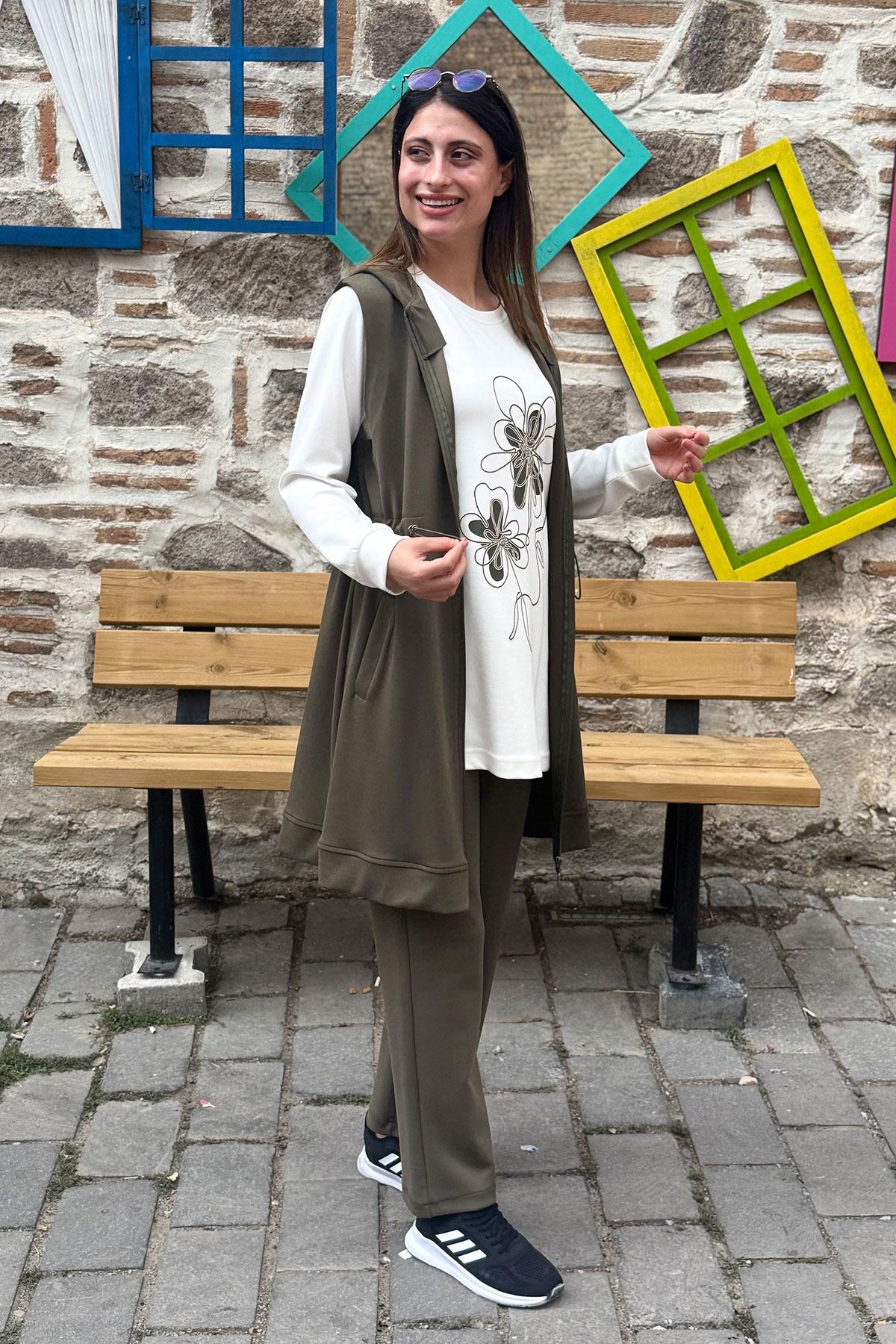 Çiçek Desenli Tunik Yelek Pantolon Üçlü Takım - HAKİ