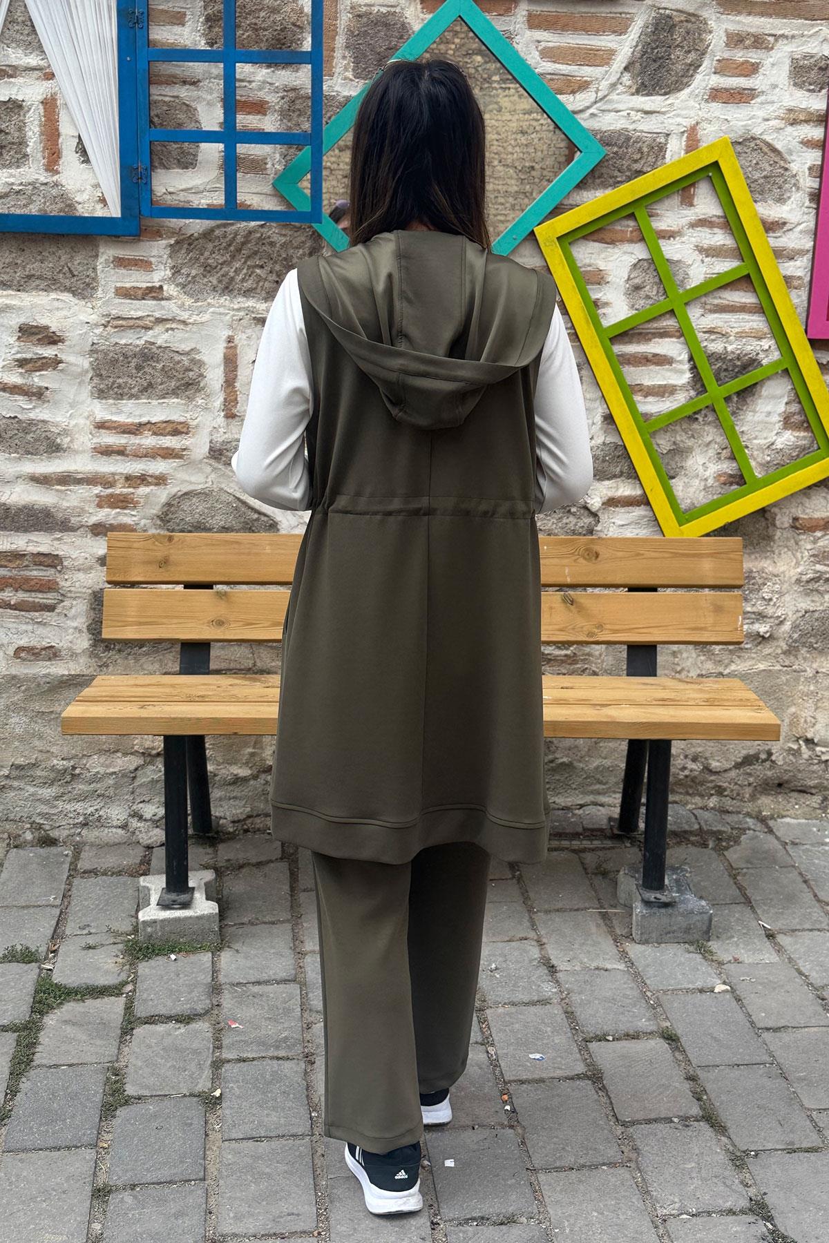 Çiçek Desenli Tunik Yelek Pantolon Üçlü Takım - HAKİ